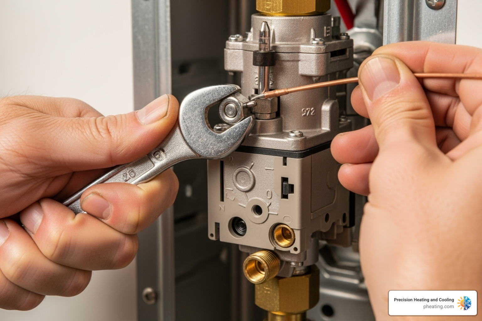 image of hands using a wrench to disconnect the thermocouple from the gas control valve - water heater thermocouple replacement