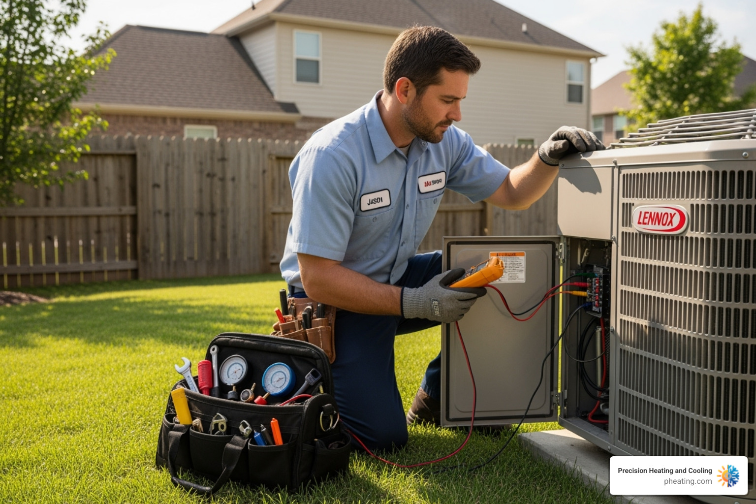 HVAC technician inspecting an AC compressor - AC not cooling