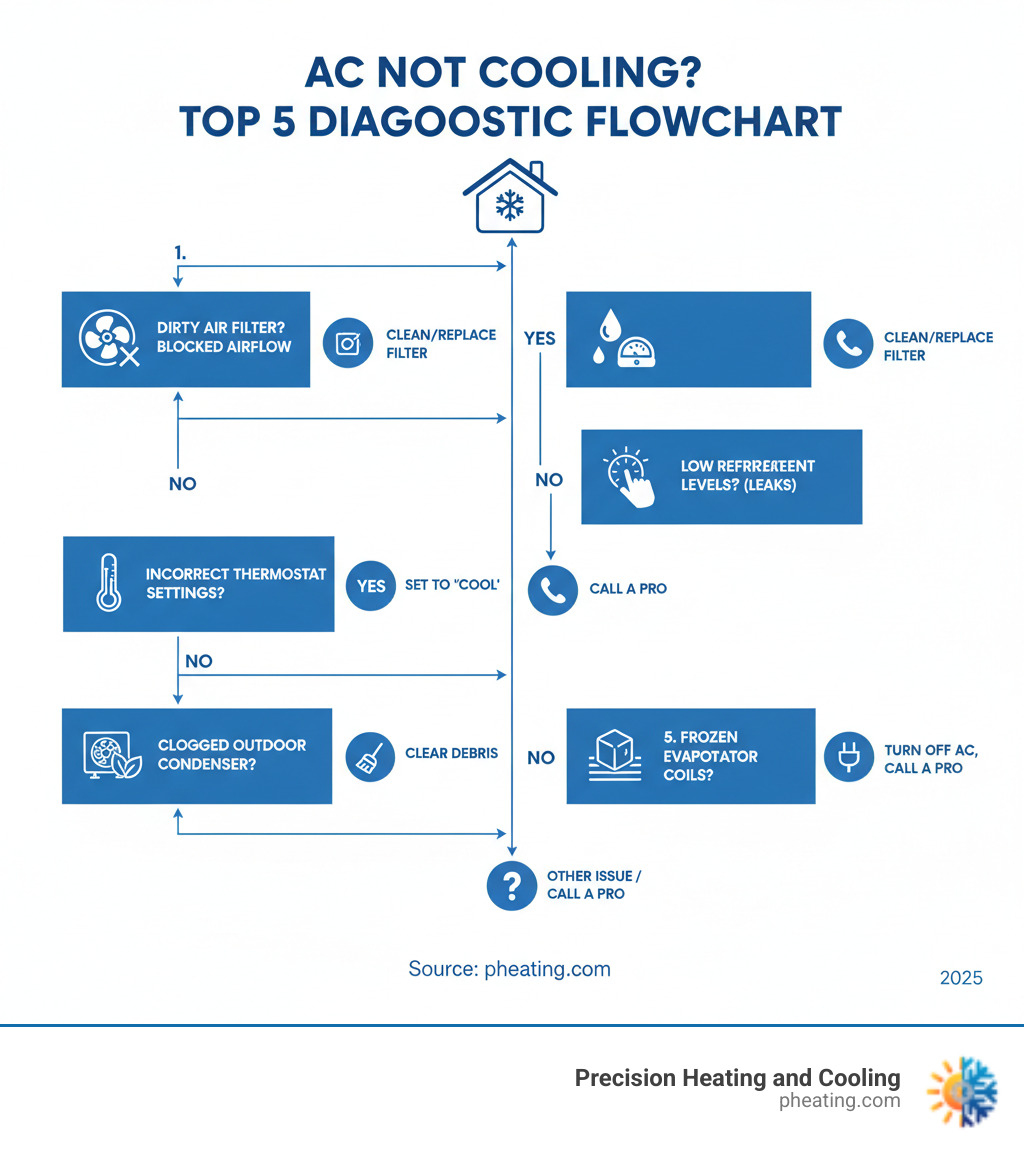Comprehensive diagnostic flowchart showing the top 5 reasons an AC stops cooling: dirty air filter blocking airflow, incorrect thermostat settings, debris-clogged outdoor condenser unit, low refrigerant levels from leaks, and frozen evaporator coils, with simple yes/no decision trees for each issue - AC not cooling infographic 