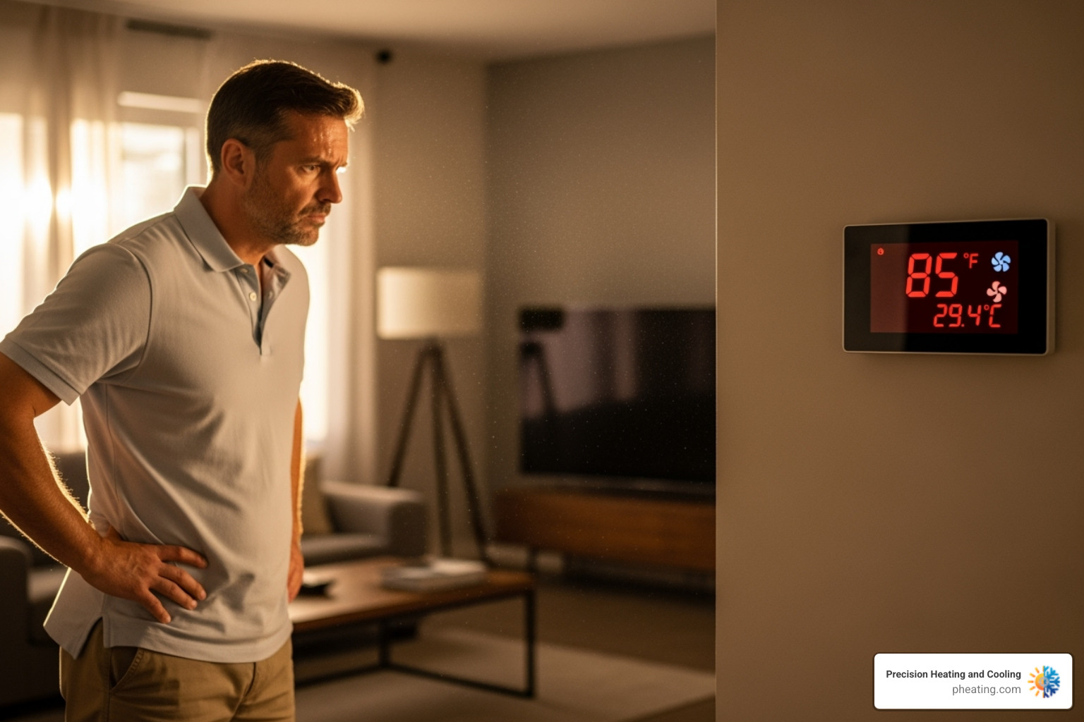 A homeowner looking concerned at a thermostat displaying a high indoor temperature, with a worried expression, indicating a malfunctioning AC unit. - AC tune up San Jose