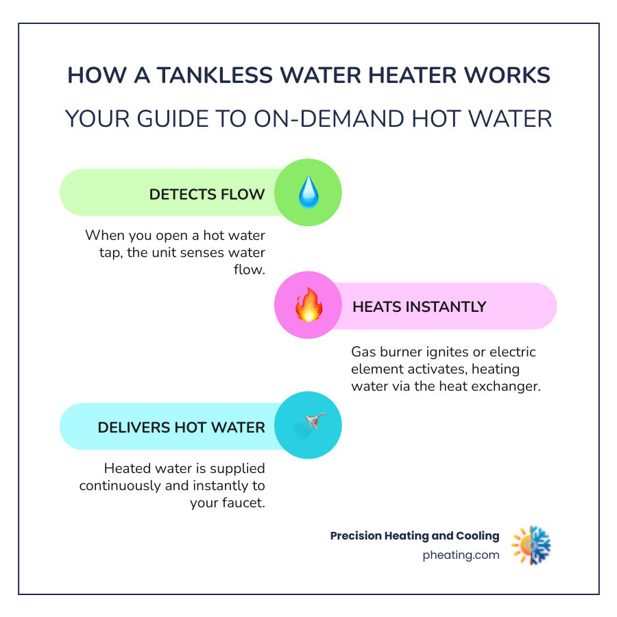 Infographic showing the step-by-step process of how a tankless water heater detects water flow, ignites the burner or activates heating elements, heats water through the heat exchanger, and delivers hot water instantly to the tap - tankless water heater repair infographic infographic-line-3-steps-colors
