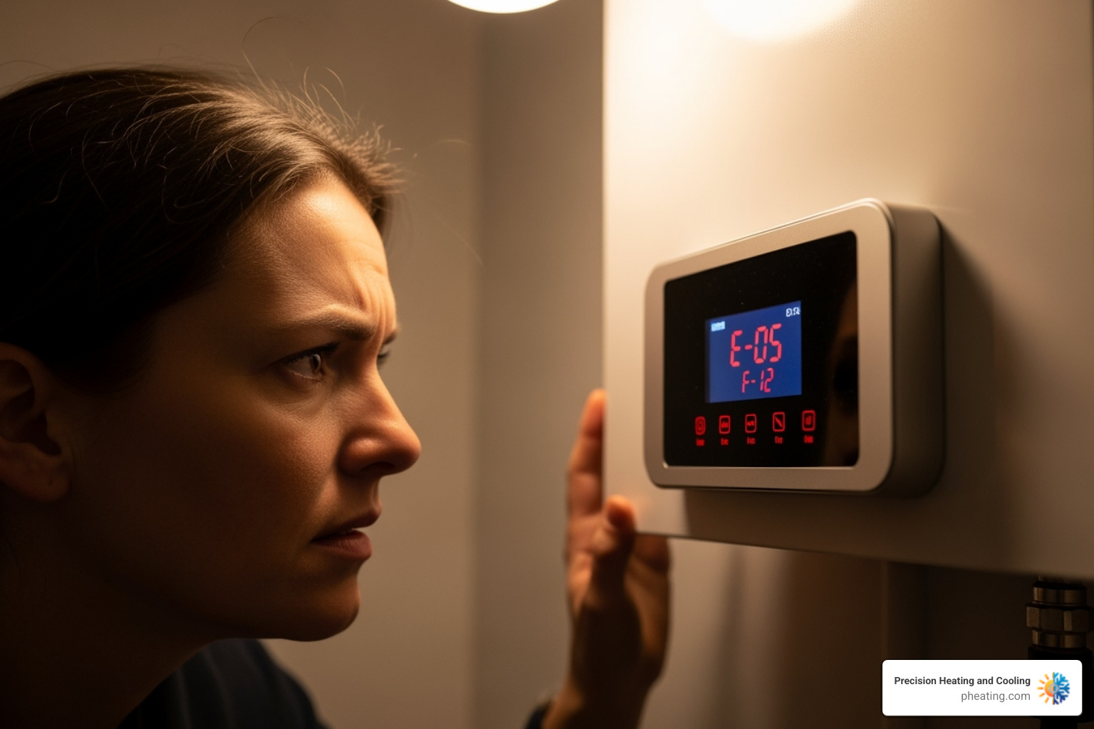 A homeowner looking at a tankless water heater's digital display showing an error code - tankless water heater repair