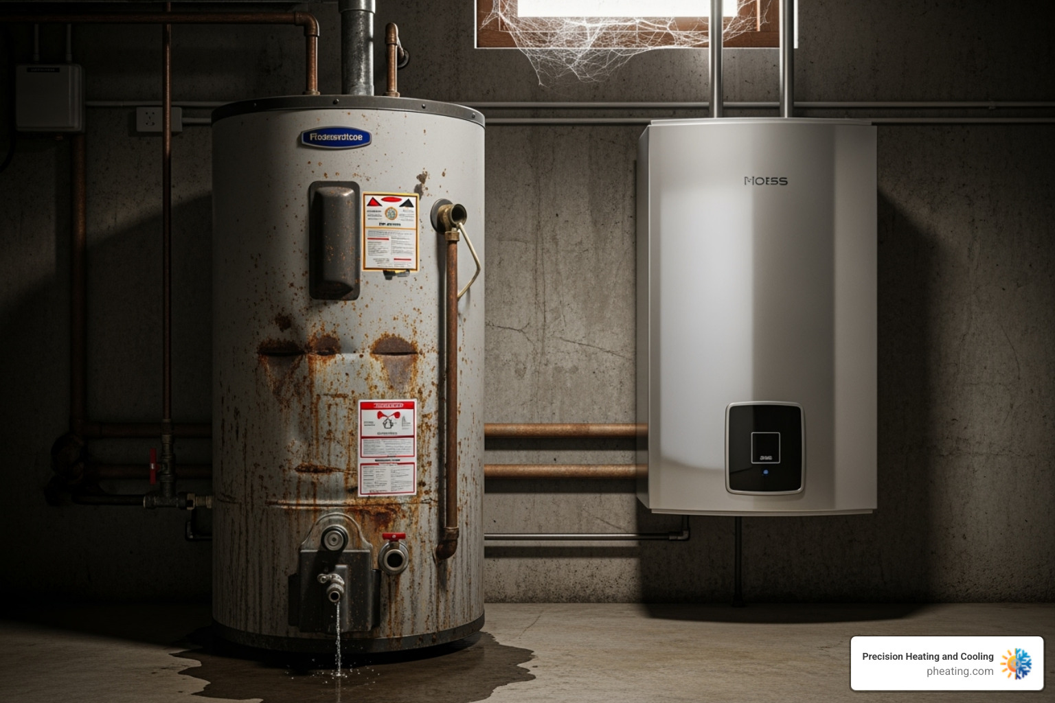 An old, corroded water heater next to a new, shiny tankless model - tankless water heater repair