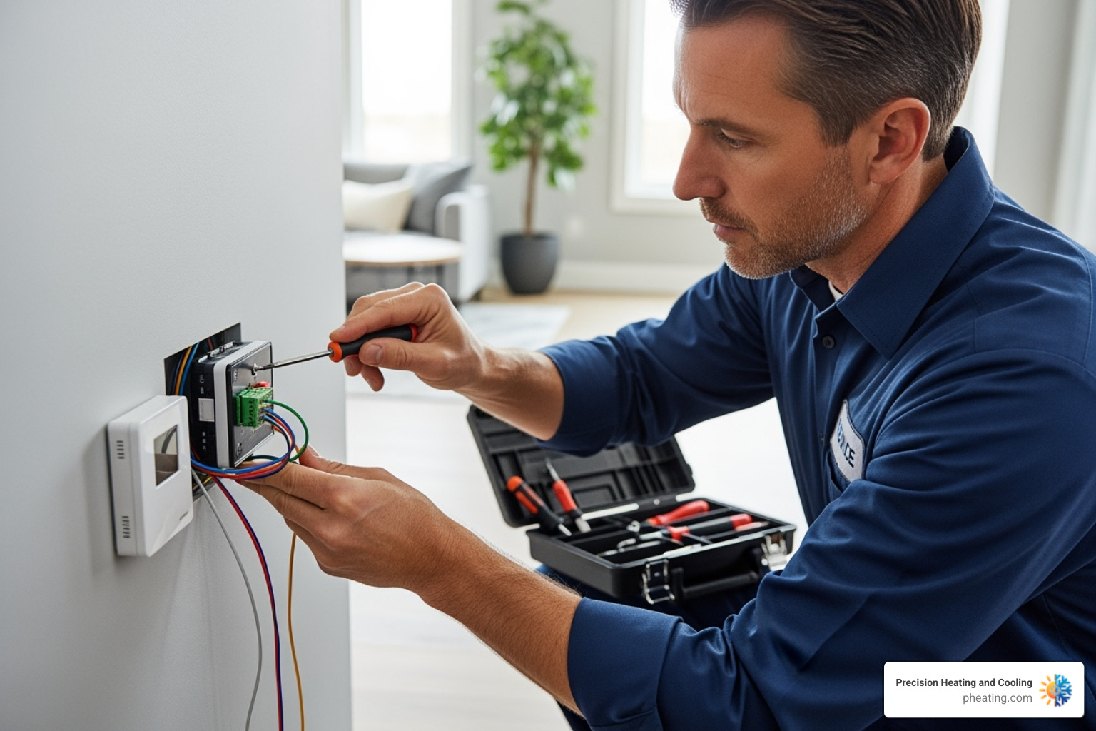 Professional technician installing thermostat - Thermostat installation San Jose