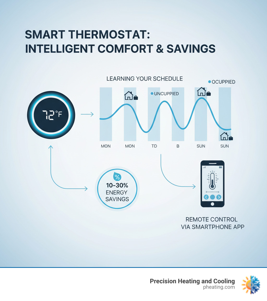 Infographic showing smart thermostat learning homeowner schedules throughout the week, automatically adjusting temperatures for occupied and unoccupied periods, with energy savings percentages and smartphone remote control features - Thermostat installation San Jose infographic 