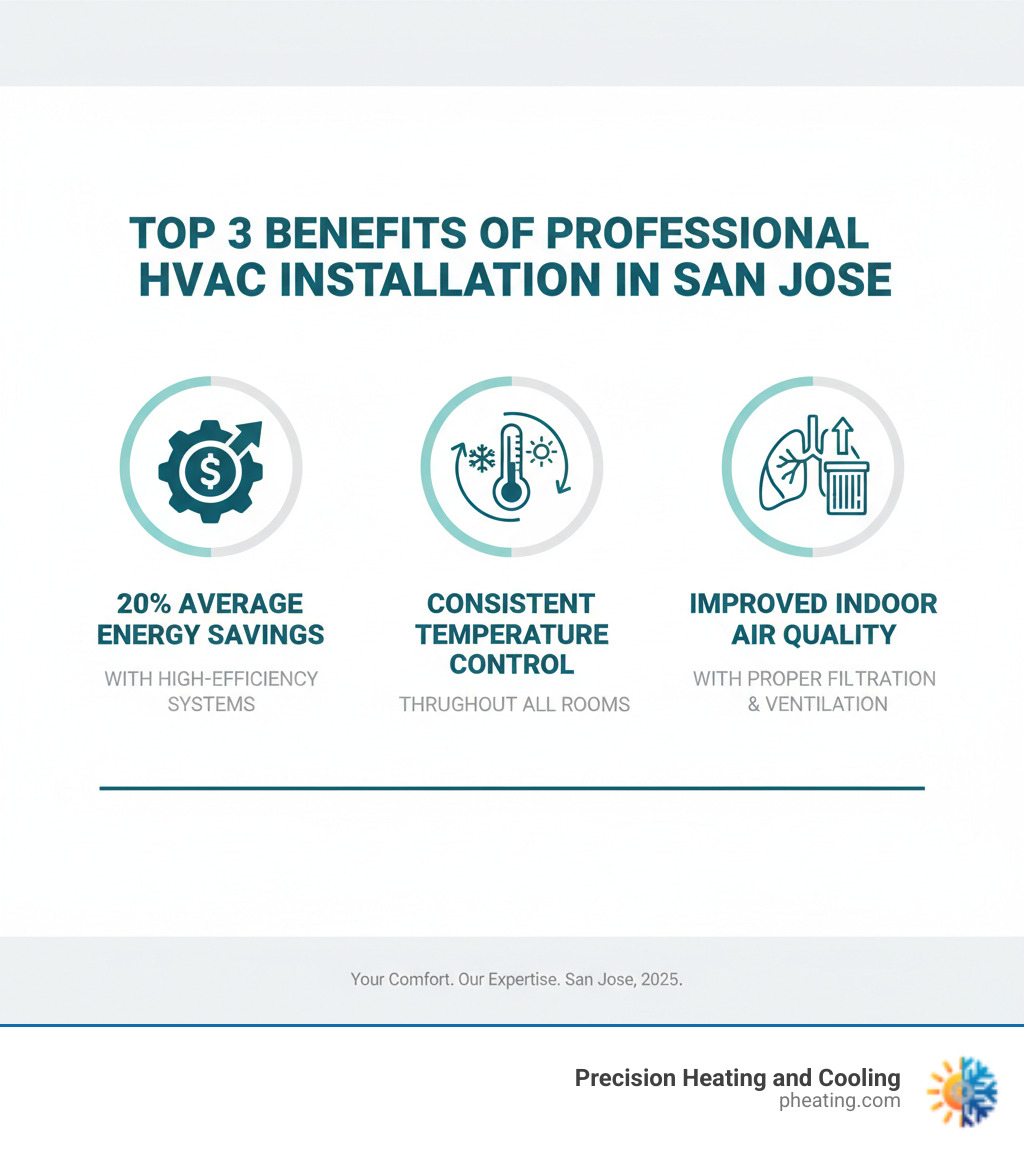 Infographic showing the top 3 benefits of professional HVAC installation in San Jose: 20% average energy savings with high-efficiency systems, consistent temperature control throughout all rooms, and improved indoor air quality with proper filtration and ventilation - HVAC installation San Jose infographic 