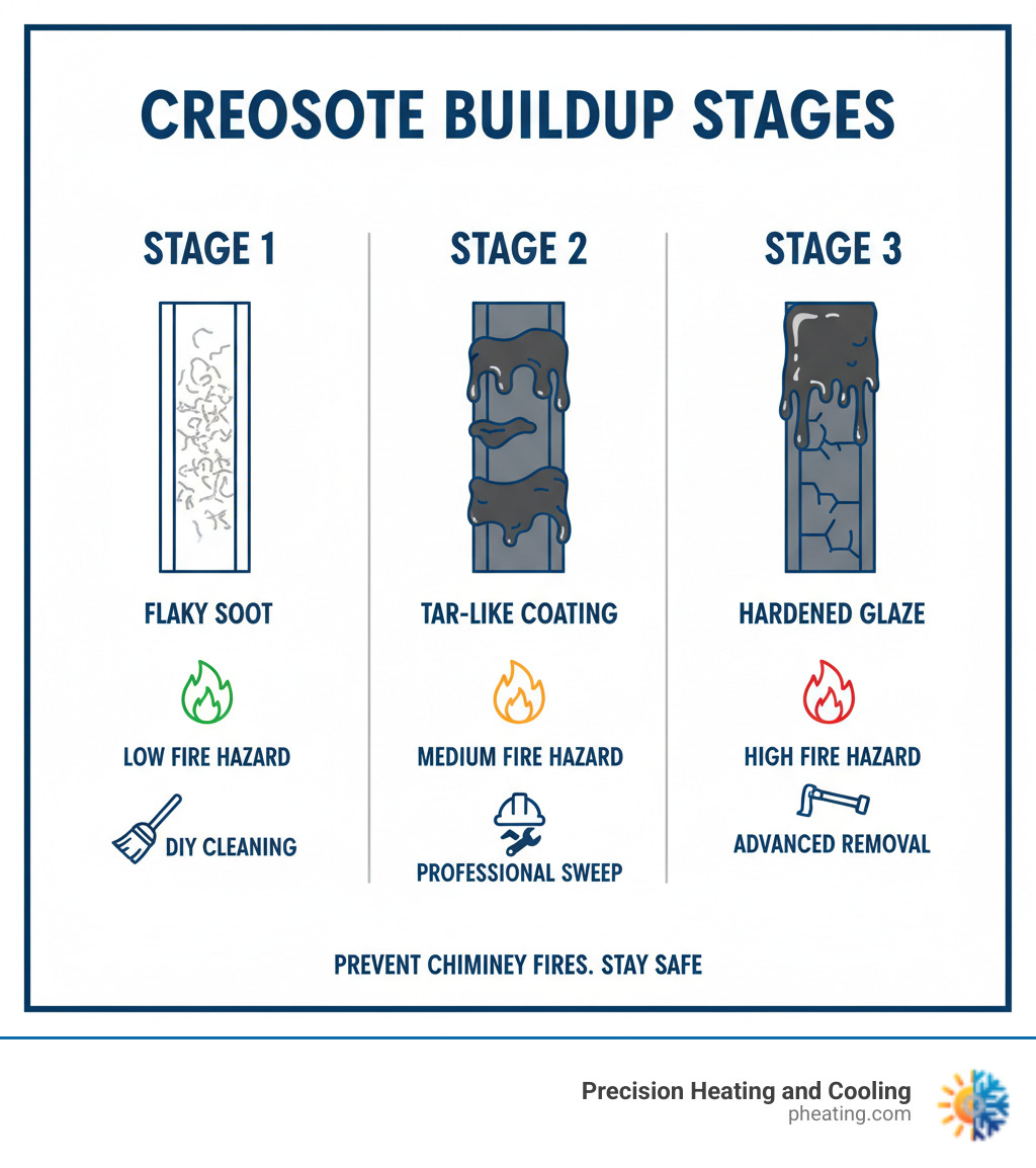 Detailed infographic showing the three stages of creosote buildup in old chimneys: Stage 1 (flaky soot), Stage 2 (tar-like coating), and Stage 3 (hardened glaze), with fire hazard levels and cleaning requirements for each stage - Old chimney cleaning infographic 