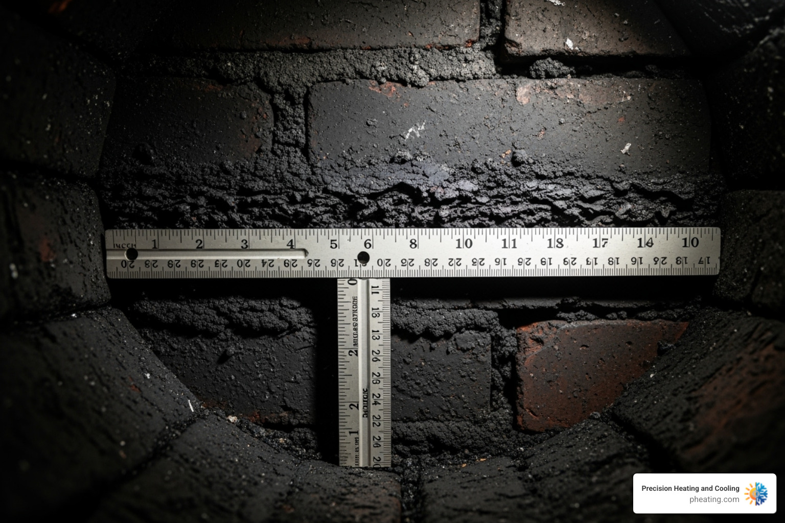 A ruler next to creosote buildup inside a flue to illustrate the 1/8-inch rule - Old chimney cleaning