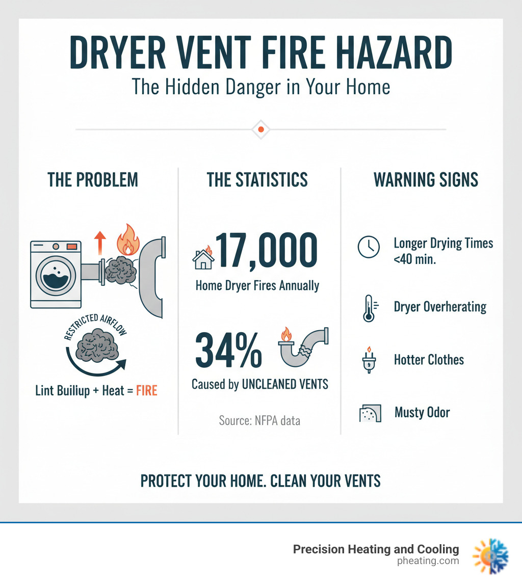 Infographic showing how lint buildup in dryer vents creates fire hazards, with statistics on dryer fires and warning signs like extended drying times and overheating - dryer vent cleaning san jose infographic 