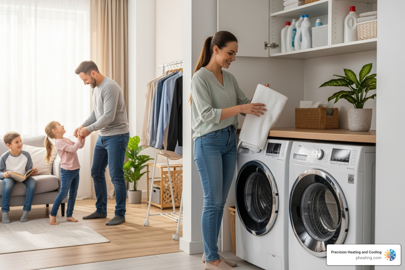 Family enjoying their home, with a focus on a safe and efficient laundry area - dryer vent cleaning san jose