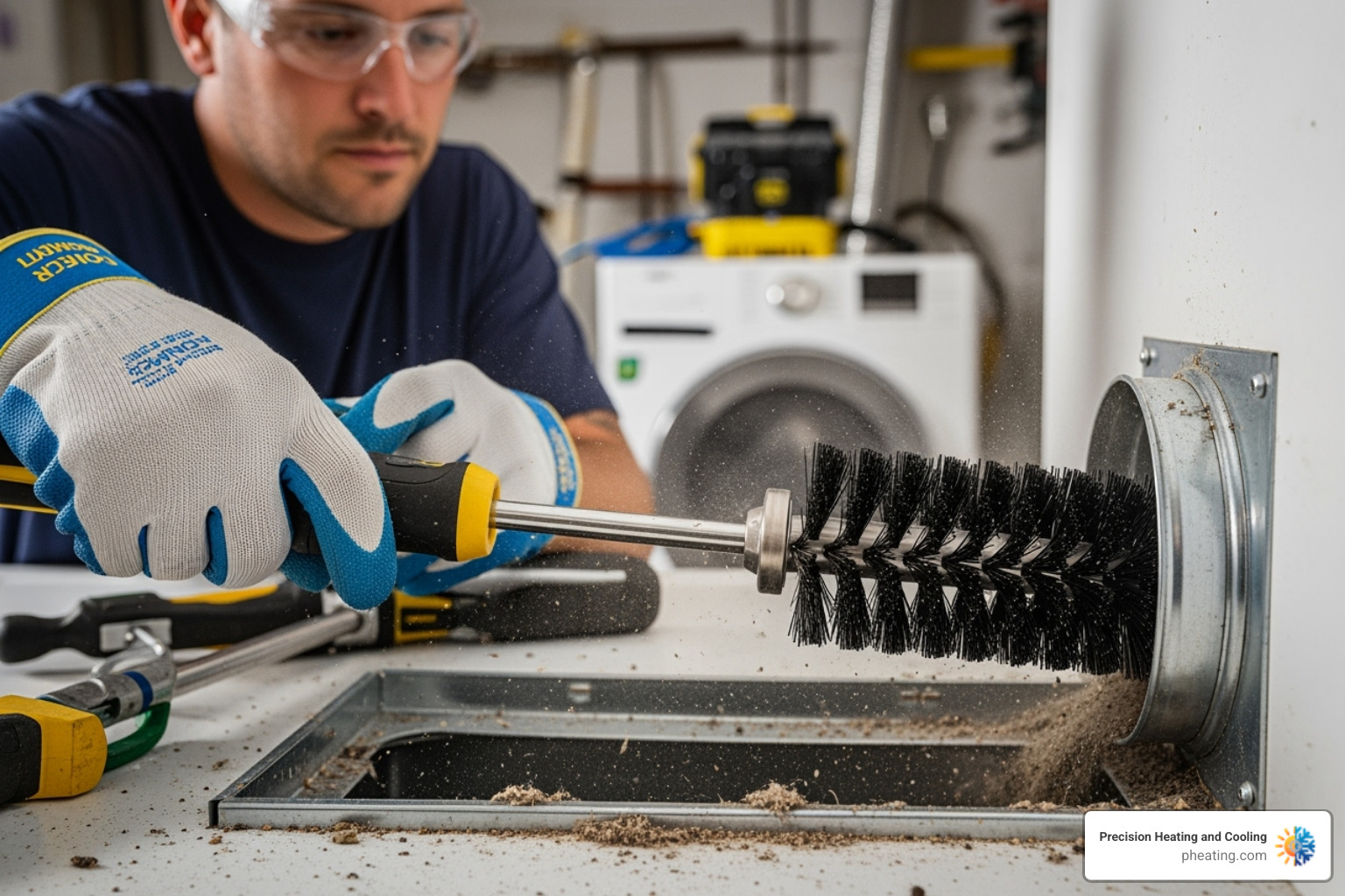 Technician using a rotary brush to clean a dryer vent - dryer vent cleaning san jose