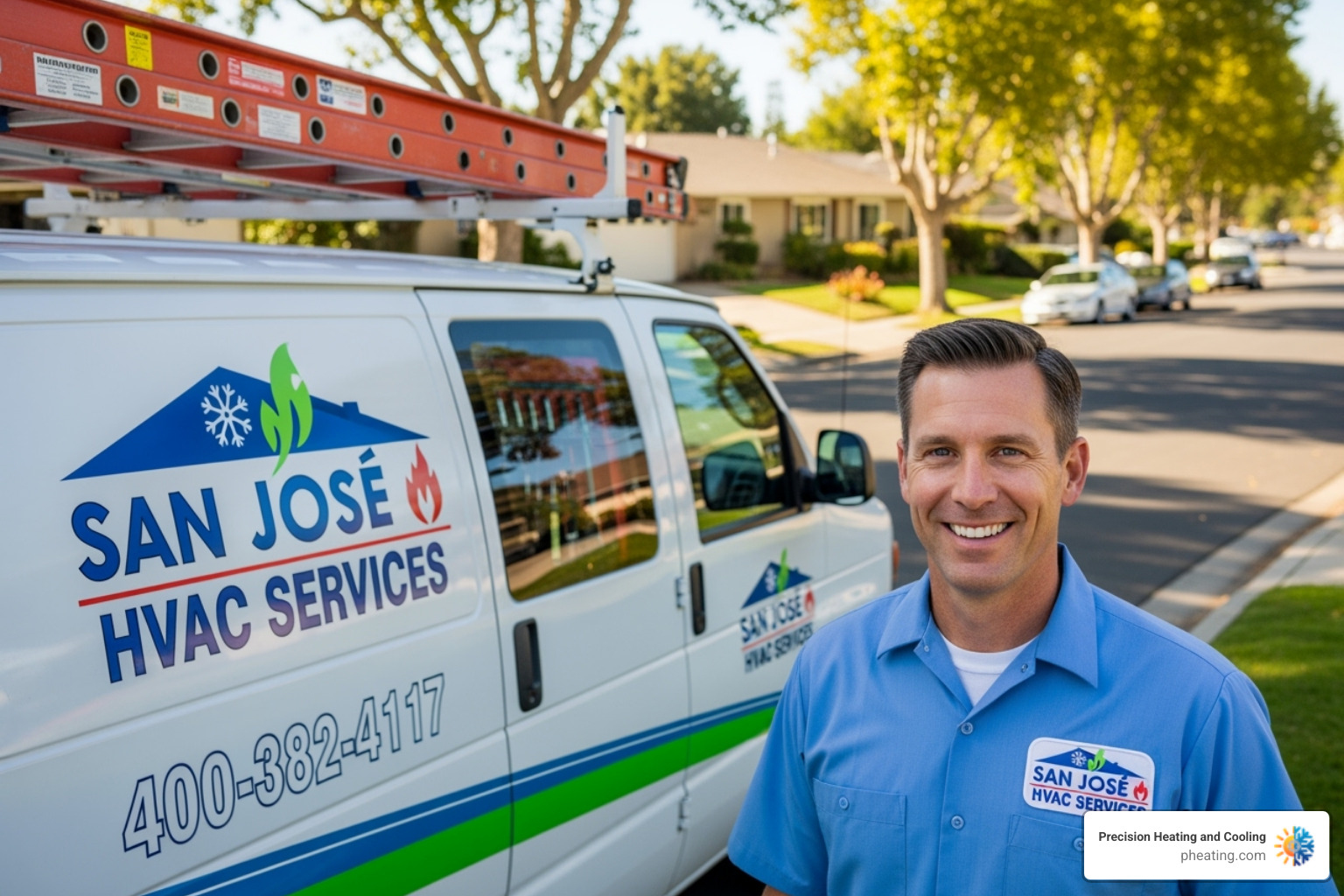 Friendly professional technician in uniform next to a service van - heat pump repair near me san jose Friendly professional technician in uniform next to a service van - heat pump repair near me san jose