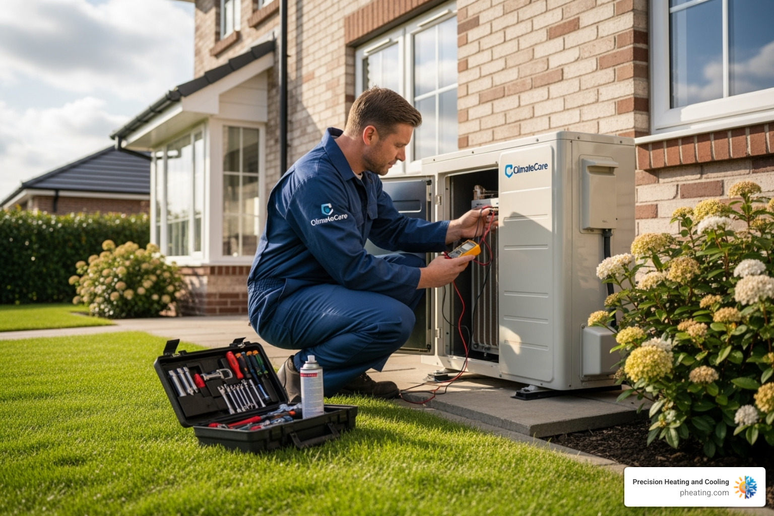 Technician performing maintenance on a heat pump's outdoor unit - heat pump repair near me san jose Technician performing maintenance on a heat pump's outdoor unit - heat pump repair near me san jose