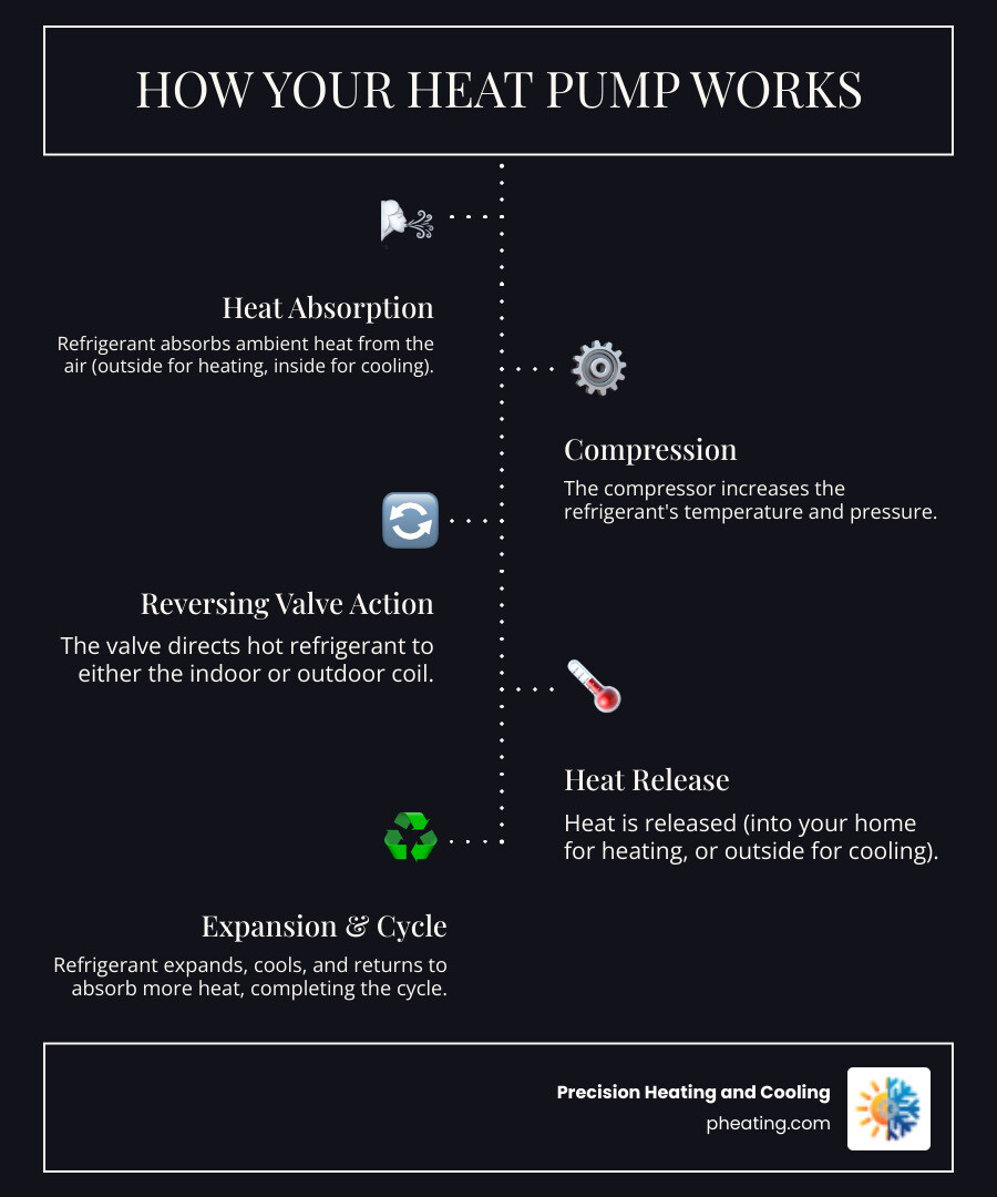 Infographic showing heat pump operation cycle with arrows indicating heat transfer from outdoor unit to indoor unit during winter heating mode, and reverse flow during summer cooling mode, including key components like compressor, reversing valve, and refrigerant lines - heat pump repair near me san jose infographic infographic-line-5-steps-dark Infographic showing heat pump operation cycle with arrows indicating heat transfer from outdoor unit to indoor unit during winter heating mode, and reverse flow during summer cooling mode, including key components like compressor, reversing valve, and refrigerant lines - heat pump repair near me san jose infographic infographic-line-5-steps-dark