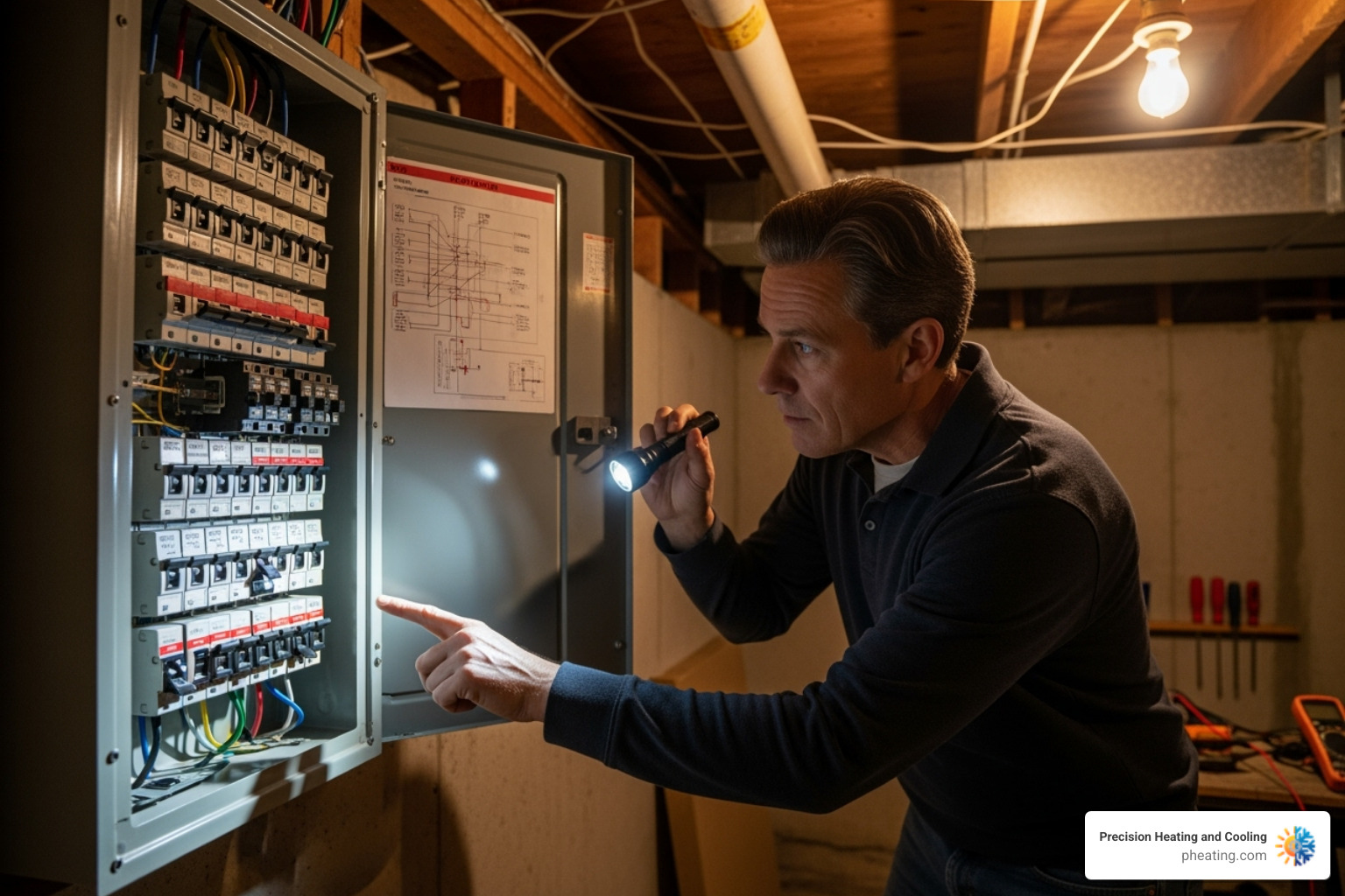 A homeowner troubleshooting by checking the circuit breaker panel in their home - Emergency heating repair A homeowner troubleshooting by checking the circuit breaker panel in their home - Emergency heating repair
