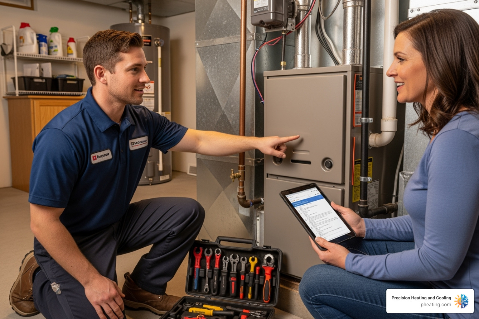 A friendly HVAC technician explaining the diagnostic findings to a homeowner in front of a furnace - Emergency heating repair A friendly HVAC technician explaining the diagnostic findings to a homeowner in front of a furnace - Emergency heating repair