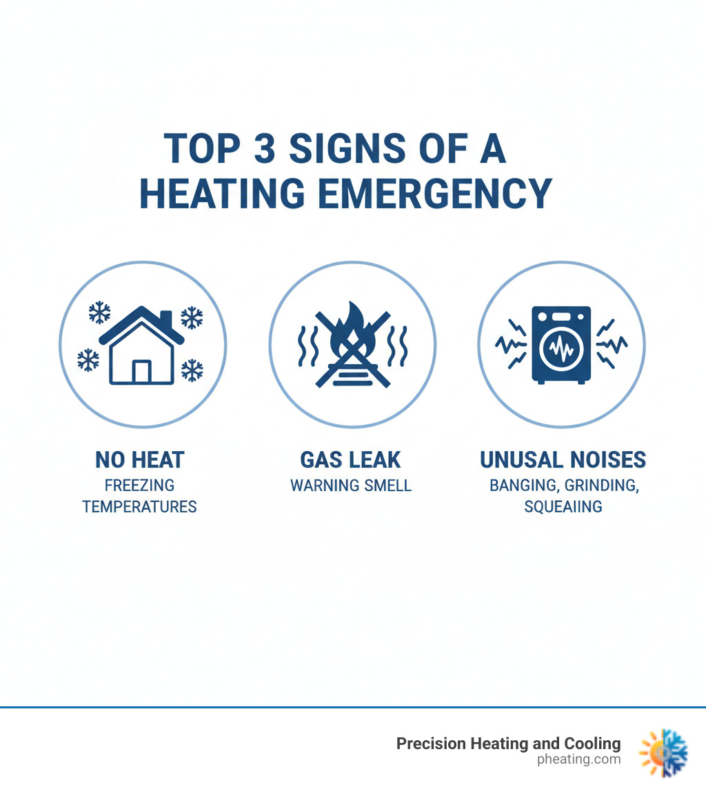 Infographic showing the top 3 signs of a heating emergency: a house with no heat and snowflakes representing freezing temperatures, a gas leak symbol with warning smell indicators, and sound waves representing loud unusual noises from heating equipment - Emergency heating repair infographic  Infographic showing the top 3 signs of a heating emergency: a house with no heat and snowflakes representing freezing temperatures, a gas leak symbol with warning smell indicators, and sound waves representing loud unusual noises from heating equipment - Emergency heating repair infographic