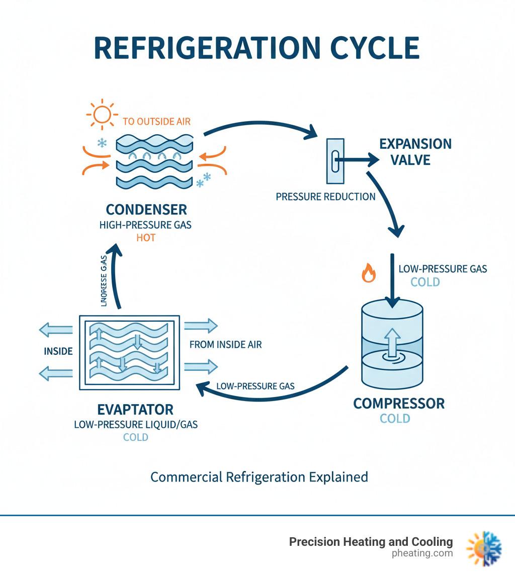 Detailed infographic showing the refrigeration cycle: compressor compressing refrigerant gas, condenser coils releasing heat to outside air, expansion valve reducing pressure, evaporator coils absorbing heat from inside, with arrows showing refrigerant flow and temperature changes at each stage - commercial refrigerator not cooling infographic  Detailed infographic showing the refrigeration cycle: compressor compressing refrigerant gas, condenser coils releasing heat to outside air, expansion valve reducing pressure, evaporator coils absorbing heat from inside, with arrows showing refrigerant flow and temperature changes at each stage - commercial refrigerator not cooling infographic