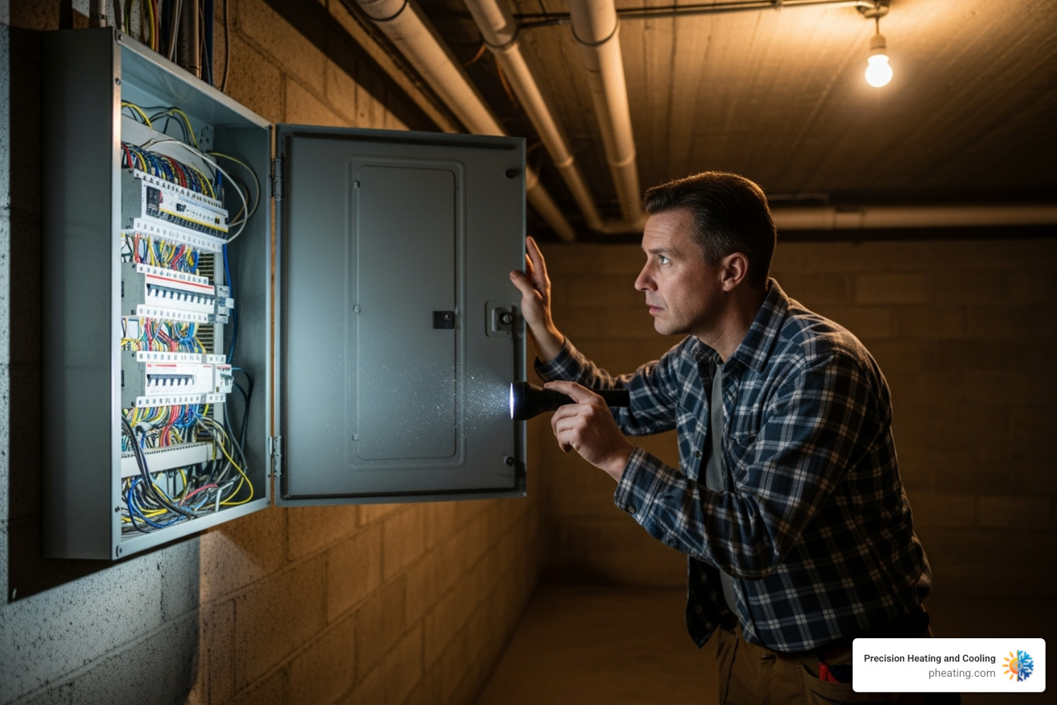 A homeowner looking at their electrical panel - bay area water heaters A homeowner looking at their electrical panel - bay area water heaters