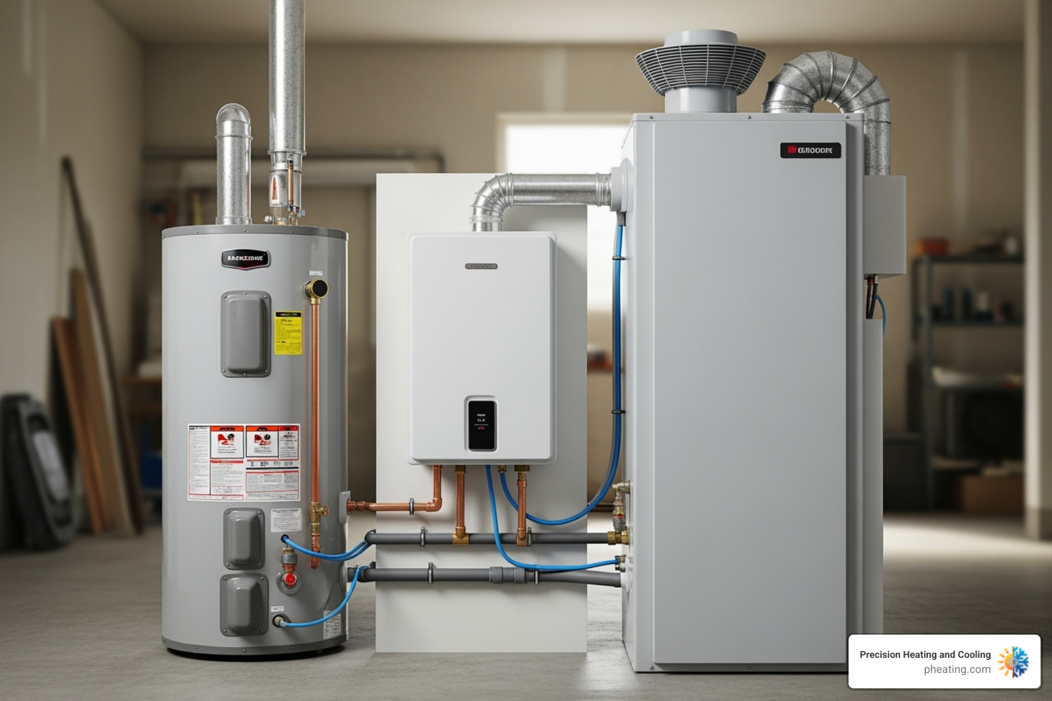 Side-by-side graphics showing a tank, tankless, and heat pump water heater - bay area water heaters Side-by-side graphics showing a tank, tankless, and heat pump water heater - bay area water heaters