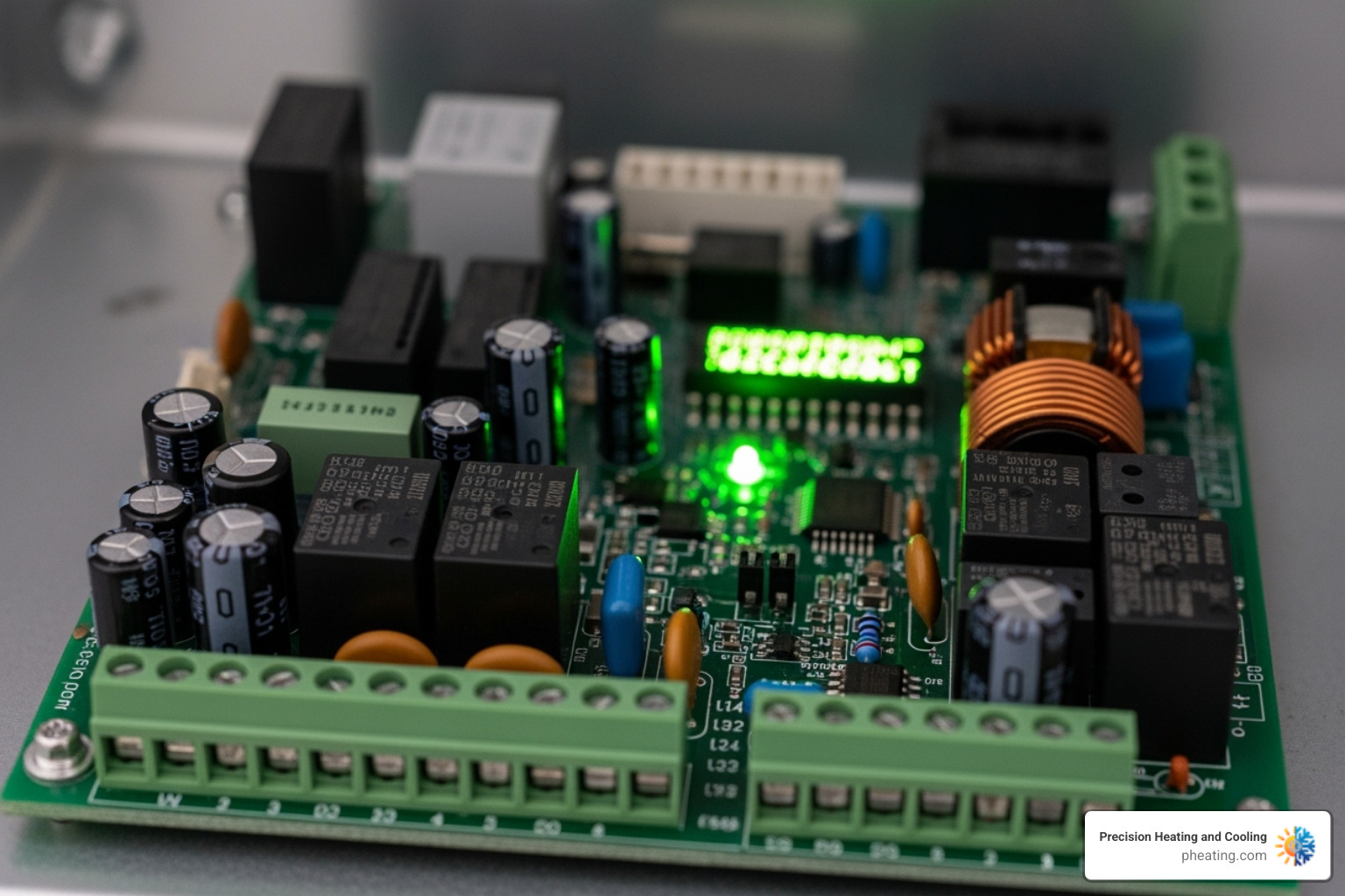 A furnace control board with a single green LED light flashing in a rhythmic pattern, indicating a diagnostic code - Furnace not turning on A furnace control board with a single green LED light flashing in a rhythmic pattern, indicating a diagnostic code - Furnace not turning on