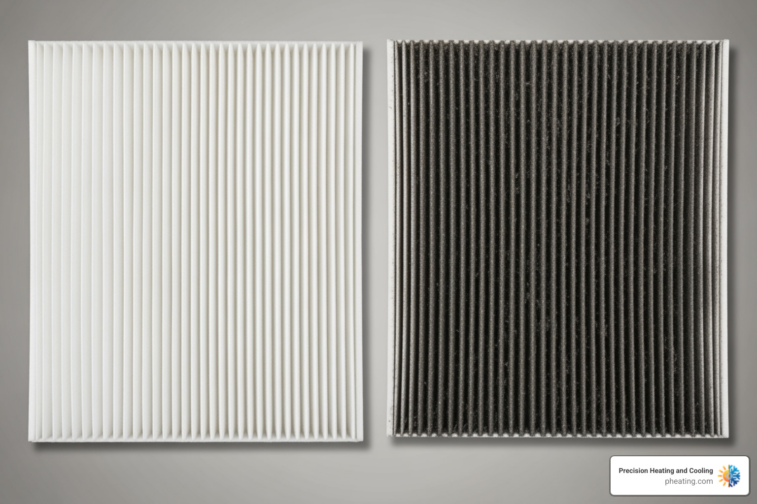 A side-by-side comparison of a clean, white furnace air filter and a heavily soiled, dark, clogged air filter - Furnace not turning on A side-by-side comparison of a clean, white furnace air filter and a heavily soiled, dark, clogged air filter - Furnace not turning on