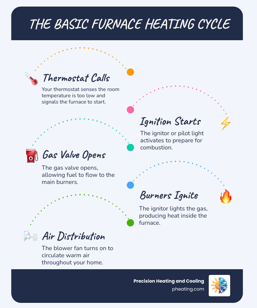 Infographic explaining the basic furnace heating cycle: Thermostat calls for heat -> Ignitor/Pilot lights -> Gas valve opens -> Burners ignite -> Blower fan distributes air - Furnace not turning on infographic infographic-line-5-steps-blues-accent_colors Infographic explaining the basic furnace heating cycle: Thermostat calls for heat -> Ignitor/Pilot lights -> Gas valve opens -> Burners ignite -> Blower fan distributes air - Furnace not turning on infographic infographic-line-5-steps-blues-accent_colors