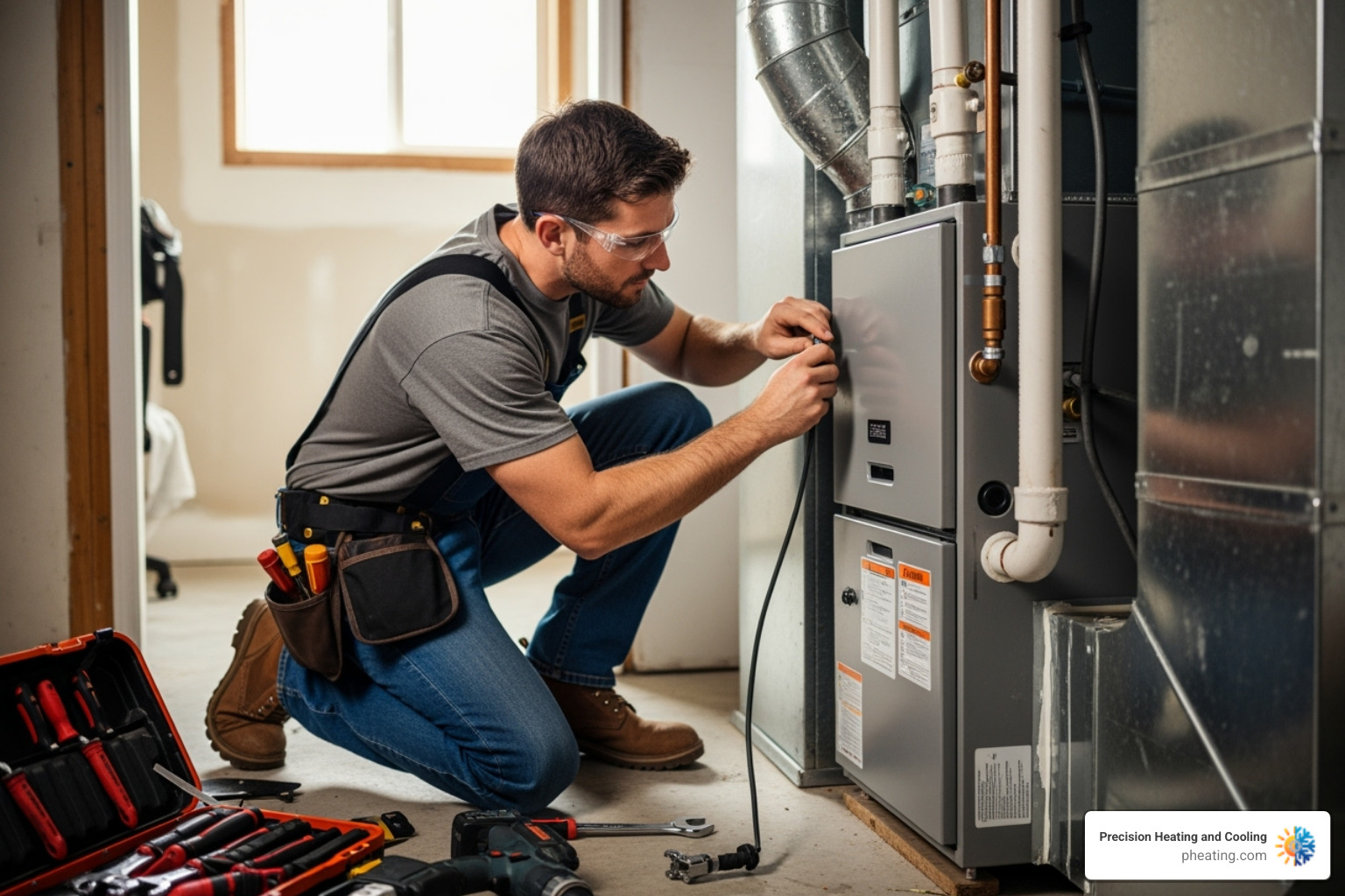 certified technician carefully installing a new furnace - San Jose furnace installation certified technician carefully installing a new furnace - San Jose furnace installation