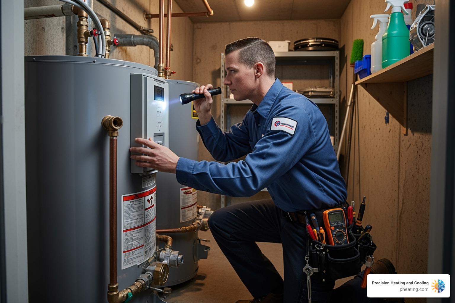 of a professional technician safely working on a water heater - professional water heater repair
