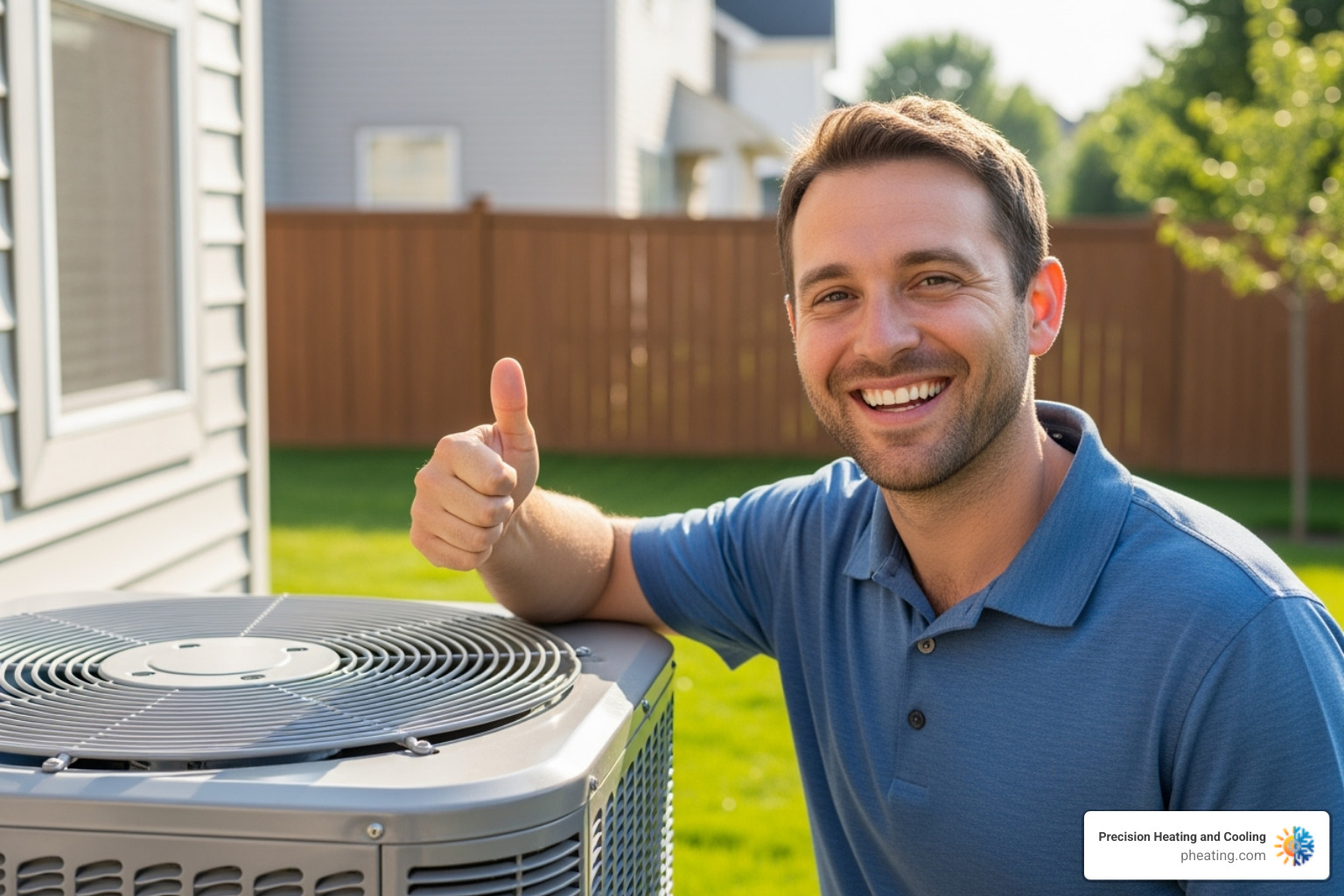 A happy homeowner giving a thumbs up next to a well-maintained HVAC unit - HVAC maintenance plans