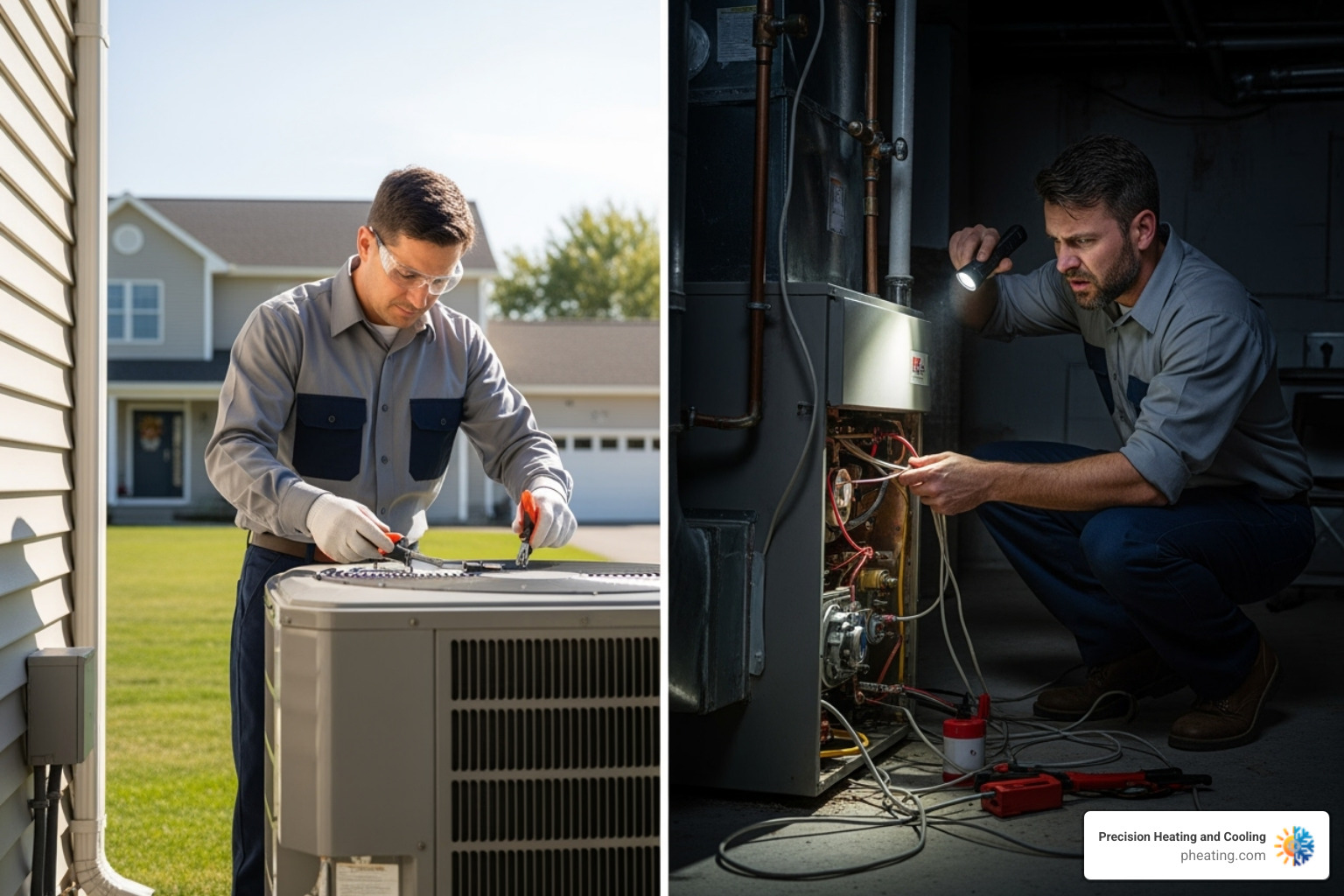 Split-screen showing a technician performing maintenance vs. an emergency repair - HVAC maintenance plans