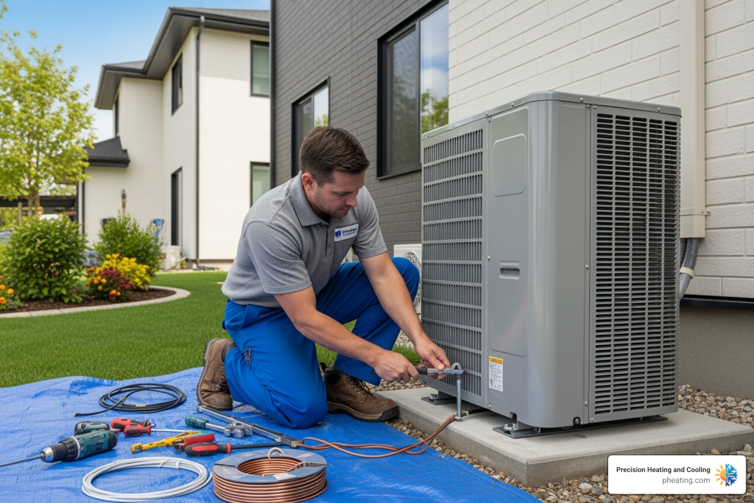 Professional technician carefully installing an outdoor condenser unit - air conditioning installation san jose ca