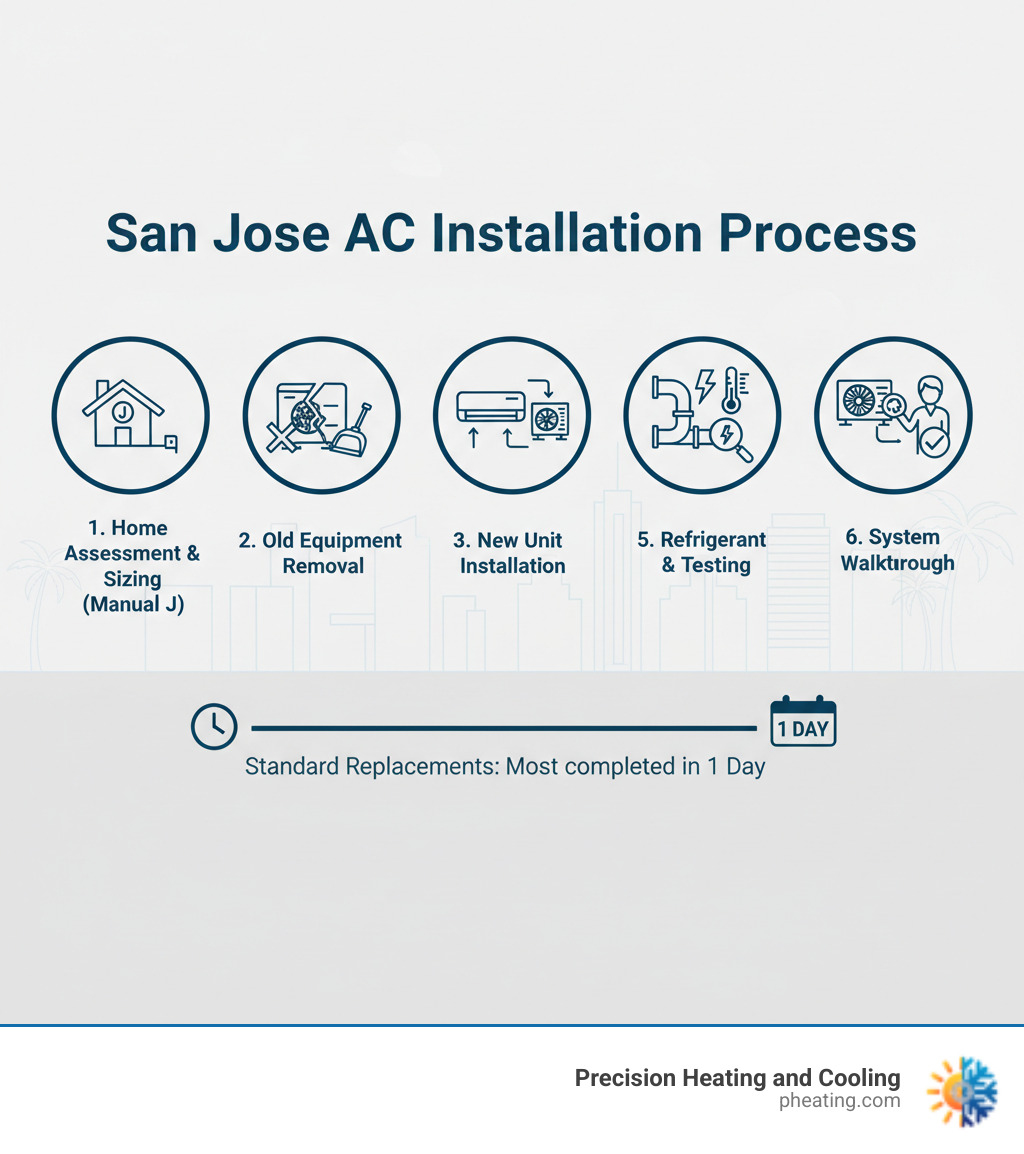 Infographic showing the complete air conditioning installation process in San Jose: Step 1 - Home assessment and system sizing with Manual J calculation; Step 2 - Removal of old equipment and preparation; Step 3 - Installation of new indoor and outdoor units with proper placement; Step 4 - Ductwork connection and electrical setup; Step 5 - Refrigerant line installation and testing; Step 6 - System commissioning and homeowner walkthrough. Timeline shows most installations complete in 1 day for standard replacements. - air conditioning installation san jose ca infographic 