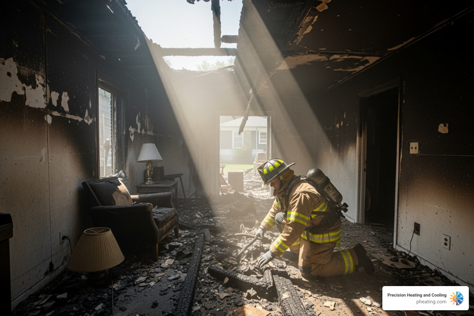 Firefighter inspecting a damaged home after a fire - schedule dryer vent cleaning Firefighter inspecting a damaged home after a fire - schedule dryer vent cleaning