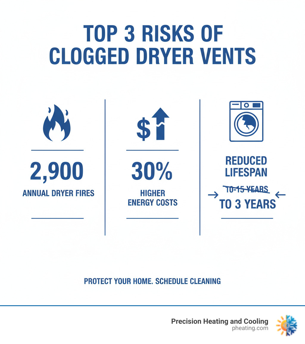 Infographic showing the top 3 risks of a clogged dryer vent: fire hazard with flame icon and statistic showing 2,900 annual dryer fires, increased energy bills with dollar sign and up arrow showing 30% higher costs, and appliance damage with broken dryer icon showing reduced lifespan from 10-15 years to 3 years - schedule dryer vent cleaning infographic Infographic showing the top 3 risks of a clogged dryer vent: fire hazard with flame icon and statistic showing 2,900 annual dryer fires, increased energy bills with dollar sign and up arrow showing 30% higher costs, and appliance damage with broken dryer icon showing reduced lifespan from 10-15 years to 3 years - schedule dryer vent cleaning infographic