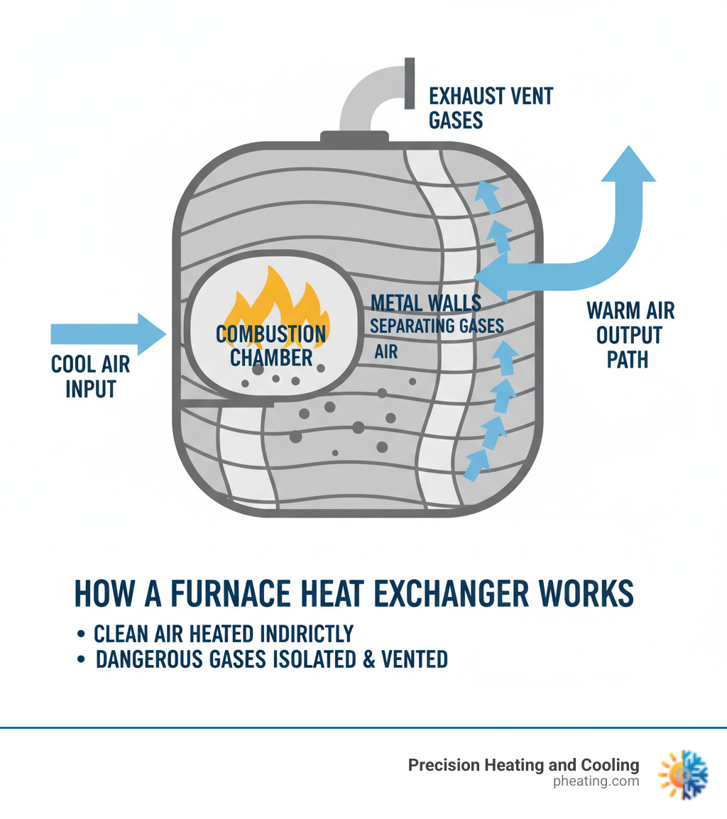 infographic showing the cross-section of a residential furnace heat exchanger with labeled components including combustion chamber, metal walls separating gases from air, warm air output path, and exhaust vent, demonstrating how clean air gets heated while combustion gases remain isolated - heat exchanger repair san jose infographic infographic showing the cross-section of a residential furnace heat exchanger with labeled components including combustion chamber, metal walls separating gases from air, warm air output path, and exhaust vent, demonstrating how clean air gets heated while combustion gases remain isolated - heat exchanger repair san jose infographic
