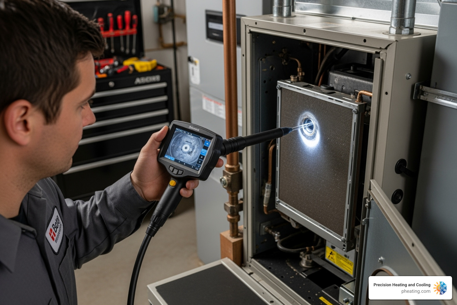 certified technician inspecting a furnace with a camera scope - heat exchanger repair san jose certified technician inspecting a furnace with a camera scope - heat exchanger repair san jose