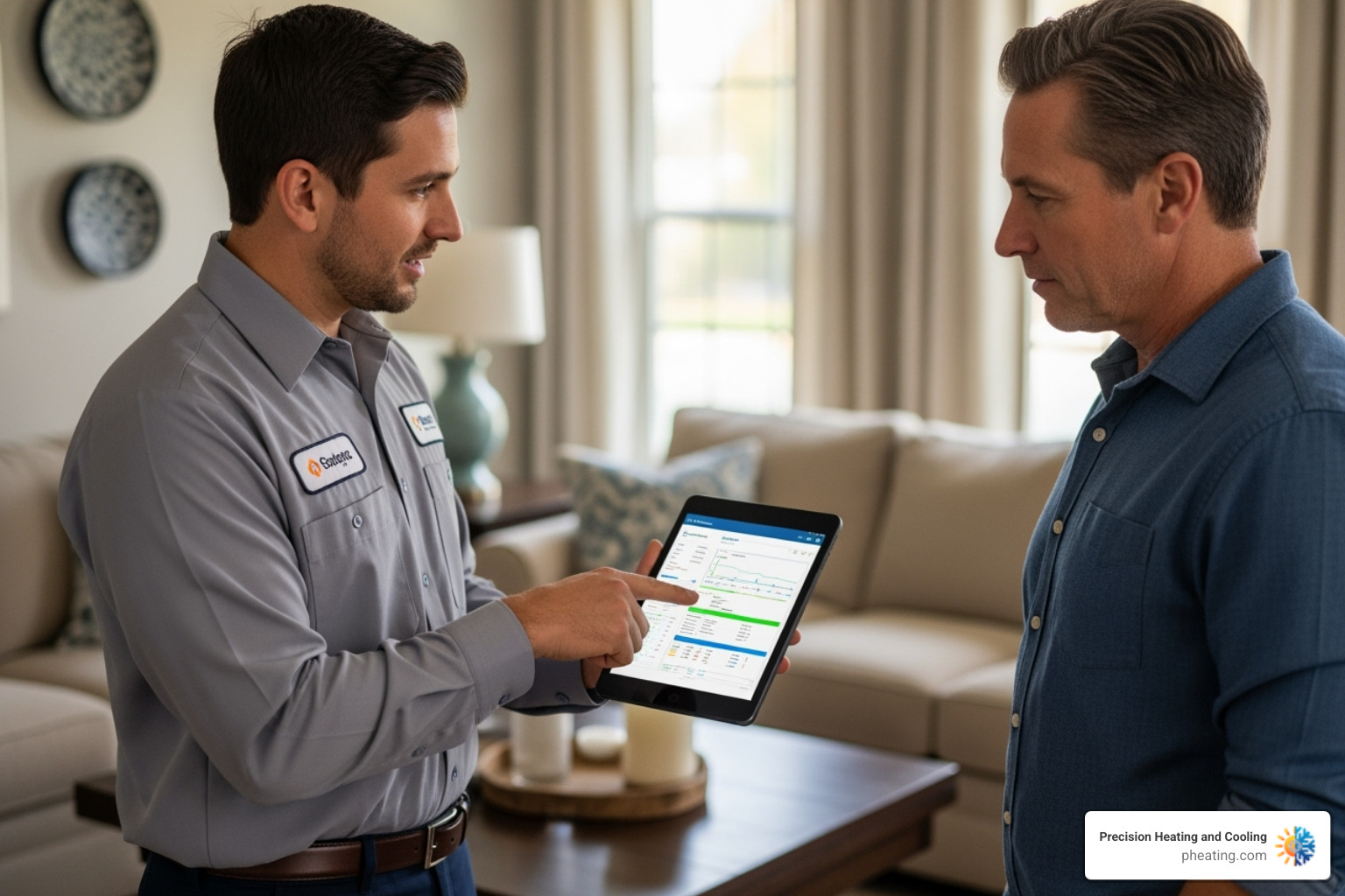 Technician showing homeowner a diagnostic report - Expert HVAC contractor