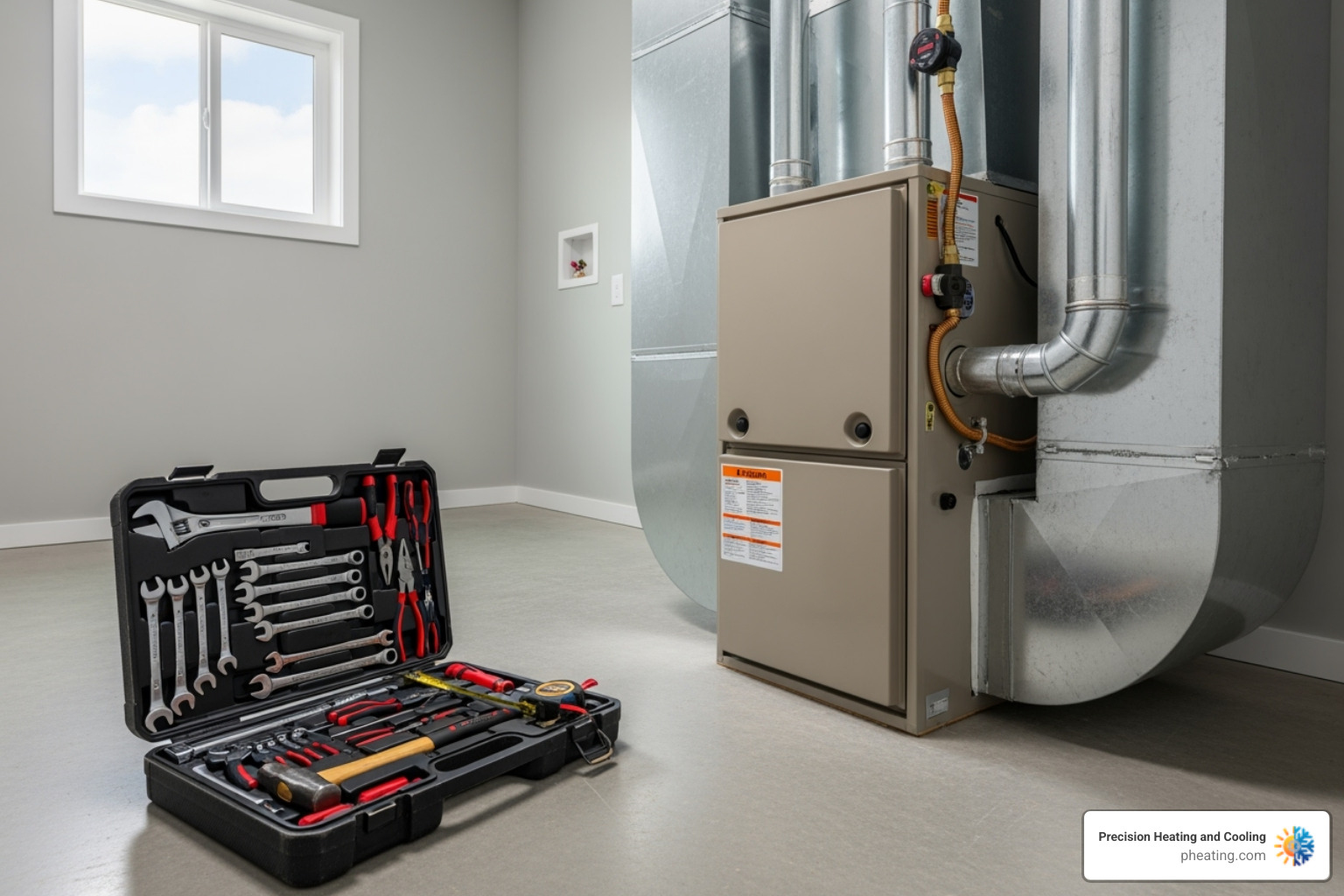 Neatly organized toolkit next to a perfectly installed furnace - Expert HVAC contractor