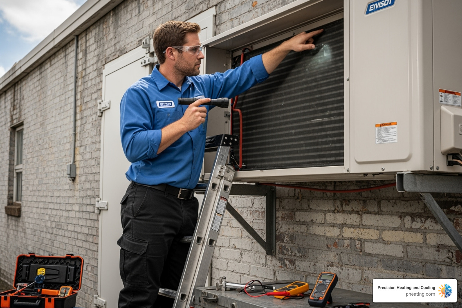 technician inspecting a walk-in cooler's condenser unit - preventative refrigeration maintenance