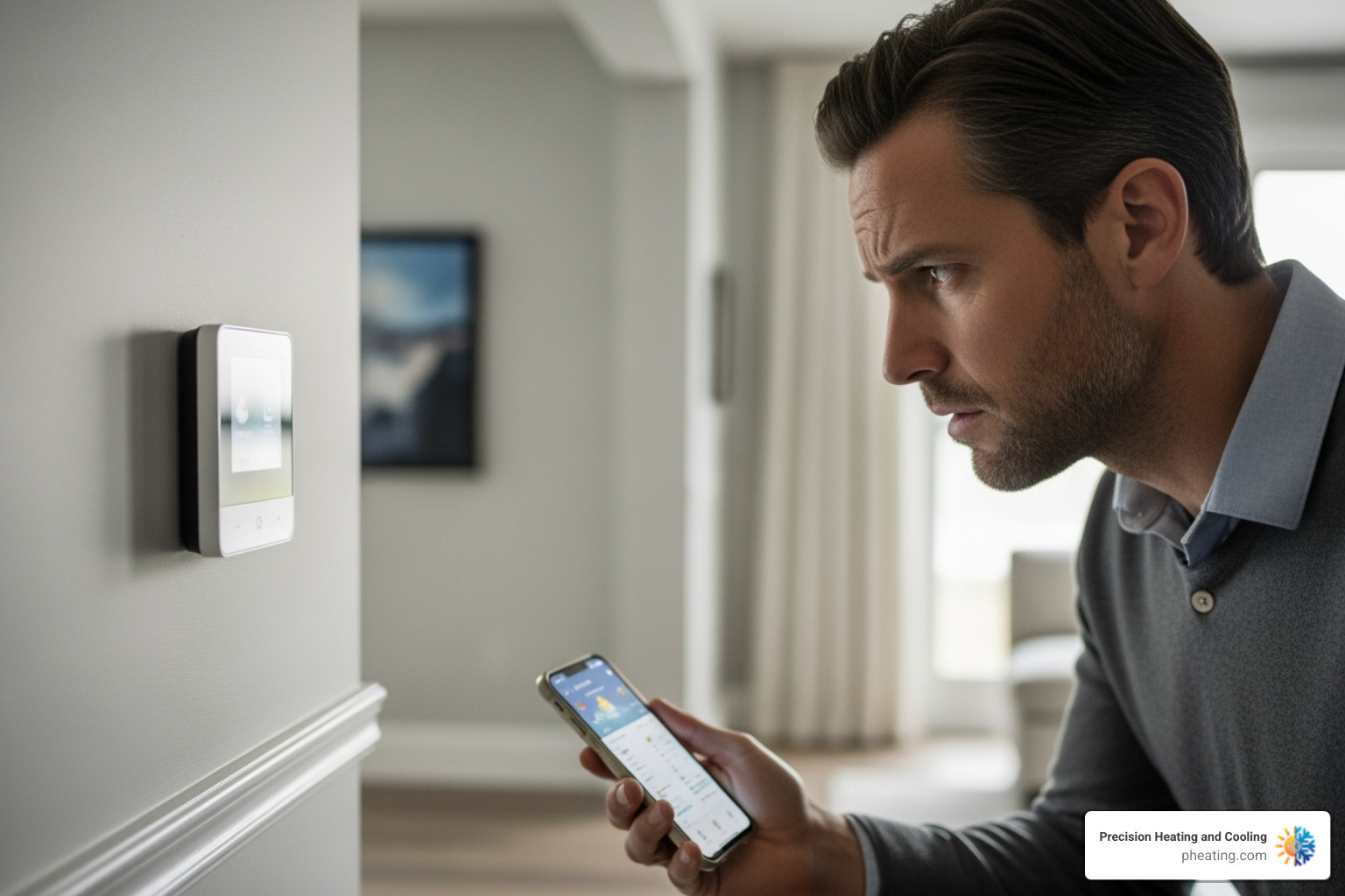 homeowner looking concerned at their thermostat - San Jose HVAC maintenance