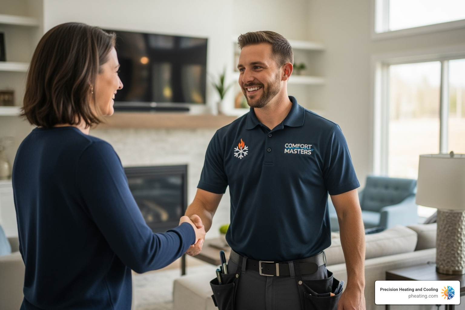 friendly, professional technician shaking hands with a homeowner - San Jose HVAC maintenance