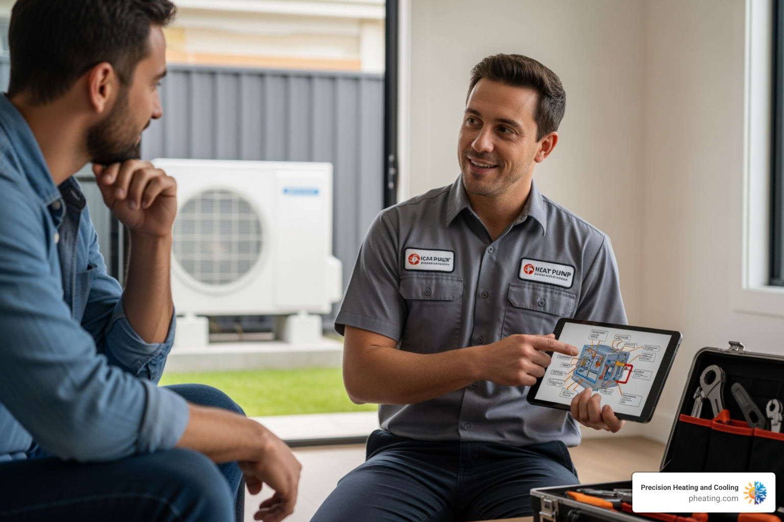 Friendly HVAC technician explaining heat pump repair to a homeowner - "I need to find a reputable company for heat pump repair in San Jose." Friendly HVAC technician explaining heat pump repair to a homeowner - "I need to find a reputable company for heat pump repair in San Jose."