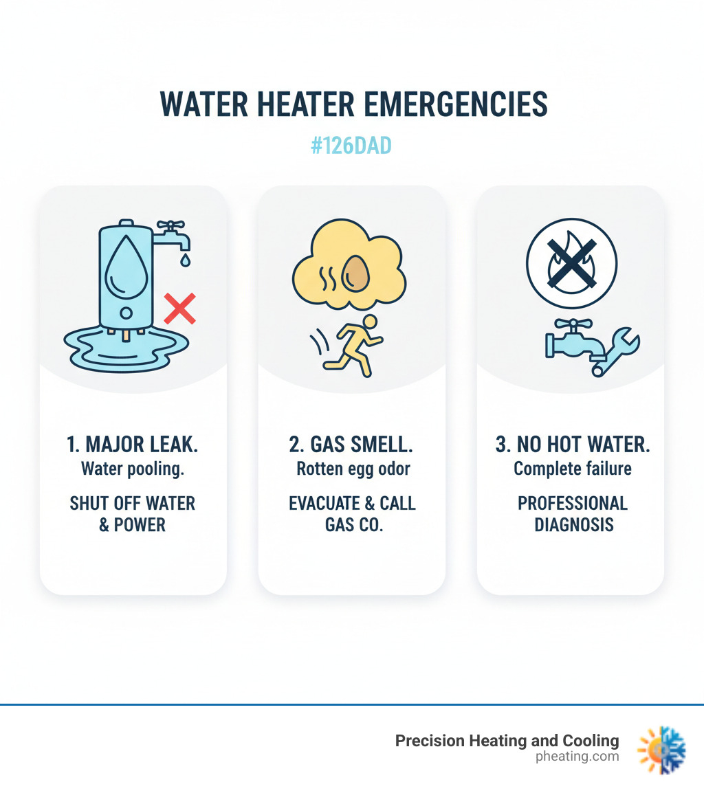 Infographic showing three critical water heater emergencies: 1) Major leak with water pooling around base requiring immediate water shutoff, 2) Gas smell indicated by rotten egg odor requiring evacuation and gas company call, 3) Complete hot water failure with potential safety hazards requiring professional diagnosis - emergency water heater service infographic Infographic showing three critical water heater emergencies: 1) Major leak with water pooling around base requiring immediate water shutoff, 2) Gas smell indicated by rotten egg odor requiring evacuation and gas company call, 3) Complete hot water failure with potential safety hazards requiring professional diagnosis - emergency water heater service infographic