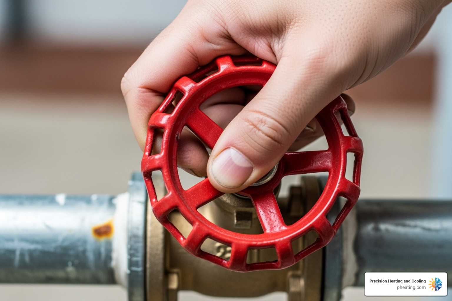 a hand turning a red shut-off valve on a water pipe - emergency water heater service a hand turning a red shut-off valve on a water pipe - emergency water heater service