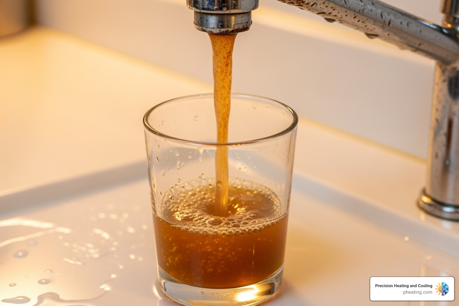 rusty, discolored water coming from a faucet into a glass - emergency water heater service rusty, discolored water coming from a faucet into a glass - emergency water heater service