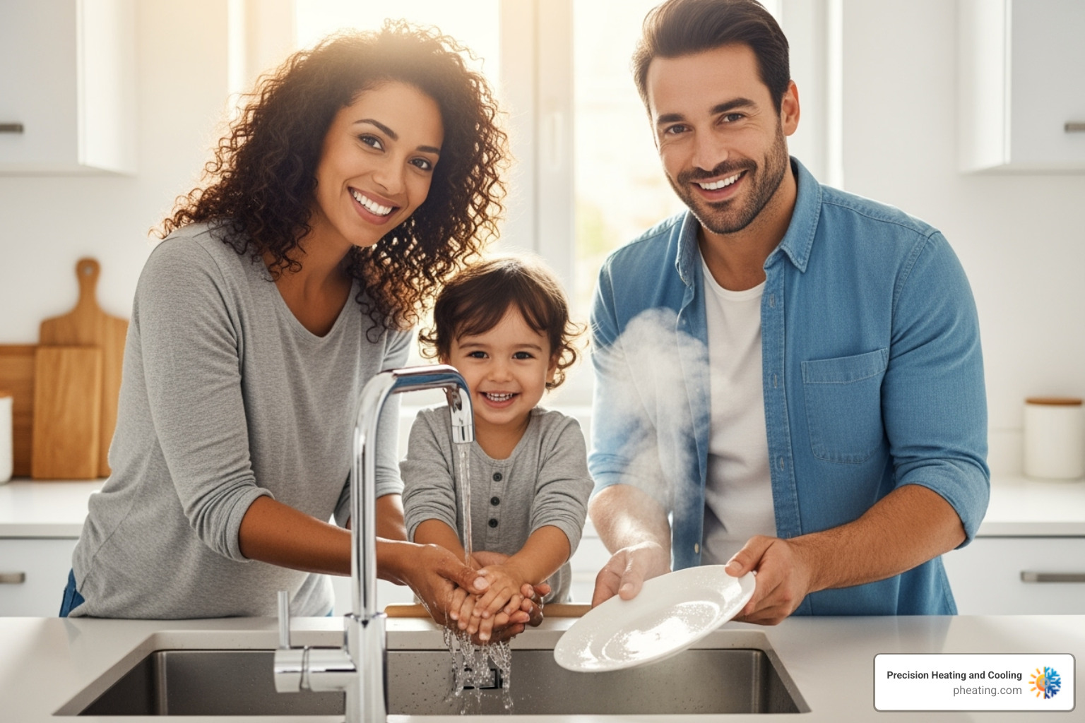 a family happily using a kitchen sink with hot water - emergency water heater service a family happily using a kitchen sink with hot water - emergency water heater service