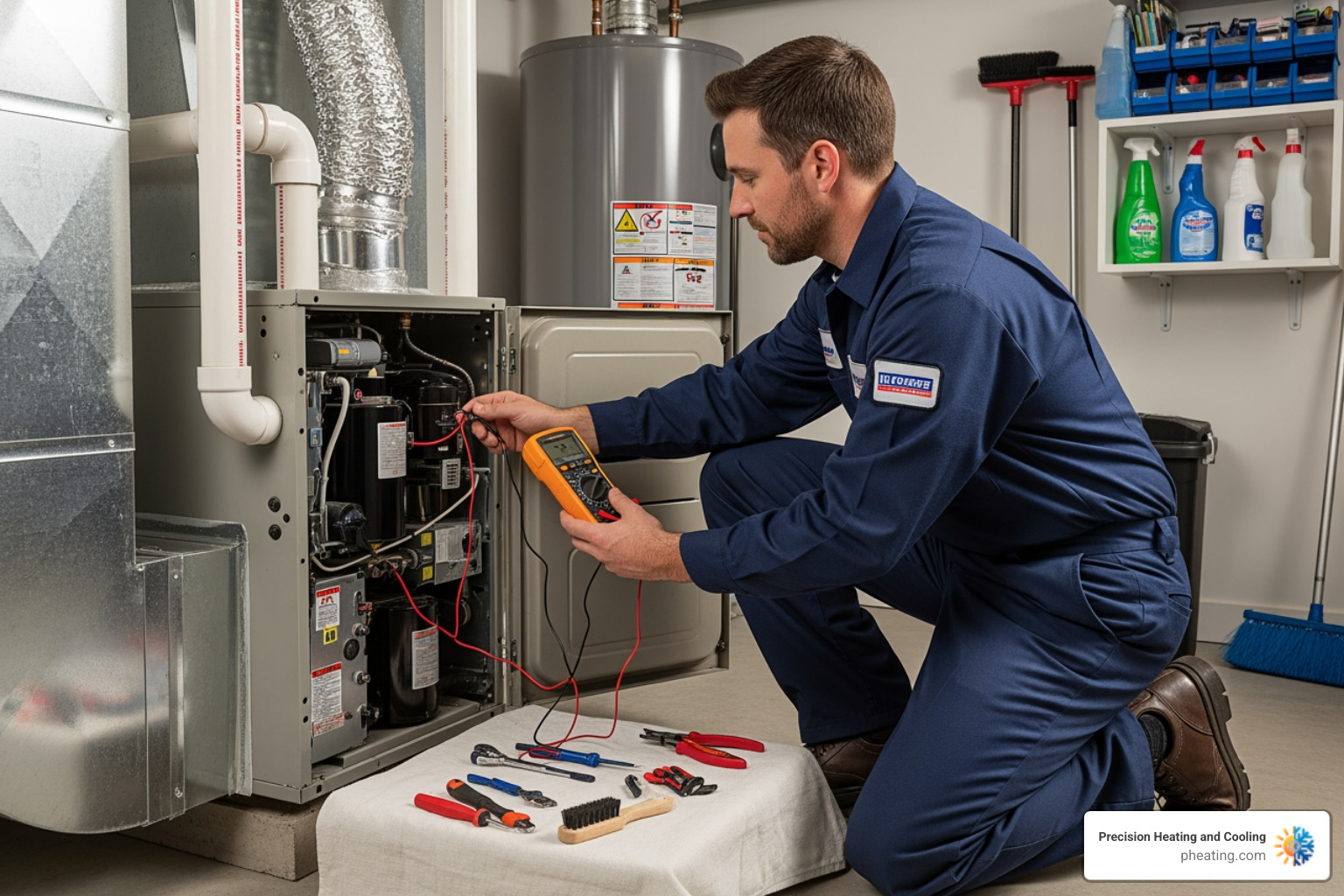 a technician performing annual furnace maintenance - My furnace is not turning on. Who can I call for emergency heating repair in the Bay Area?"