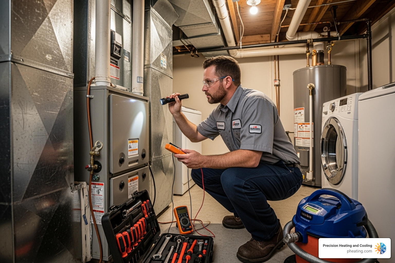 technician performing maintenance on a furnace - Heating repair Fresno
