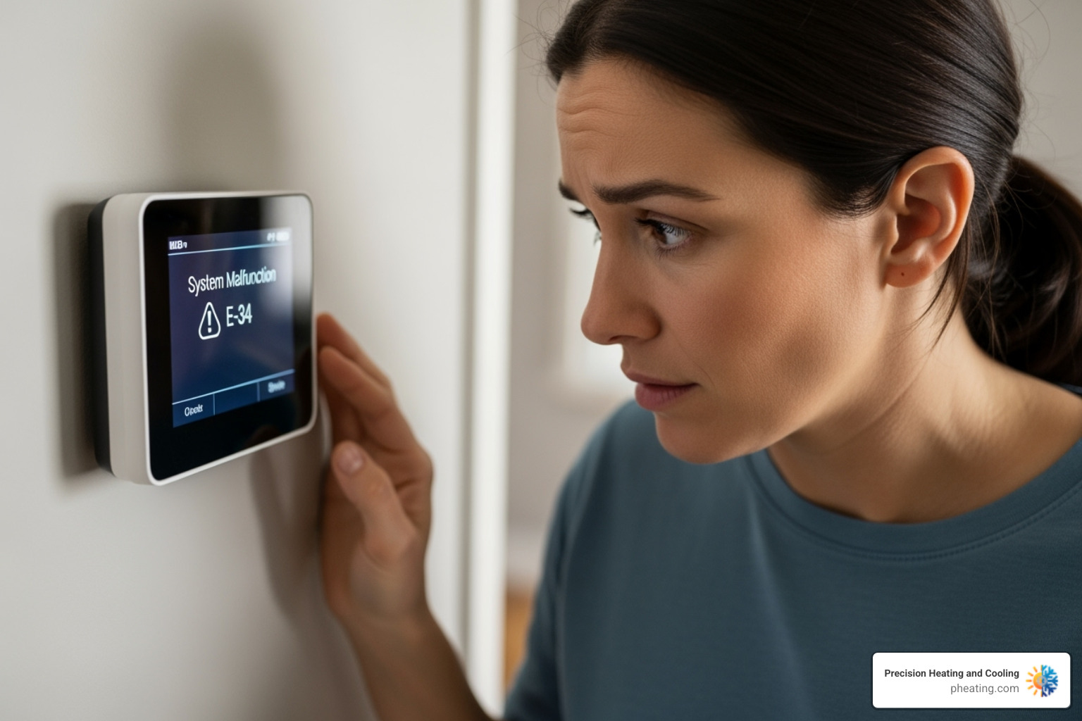 person looking at a thermostat with an error message - Heating repair Fresno